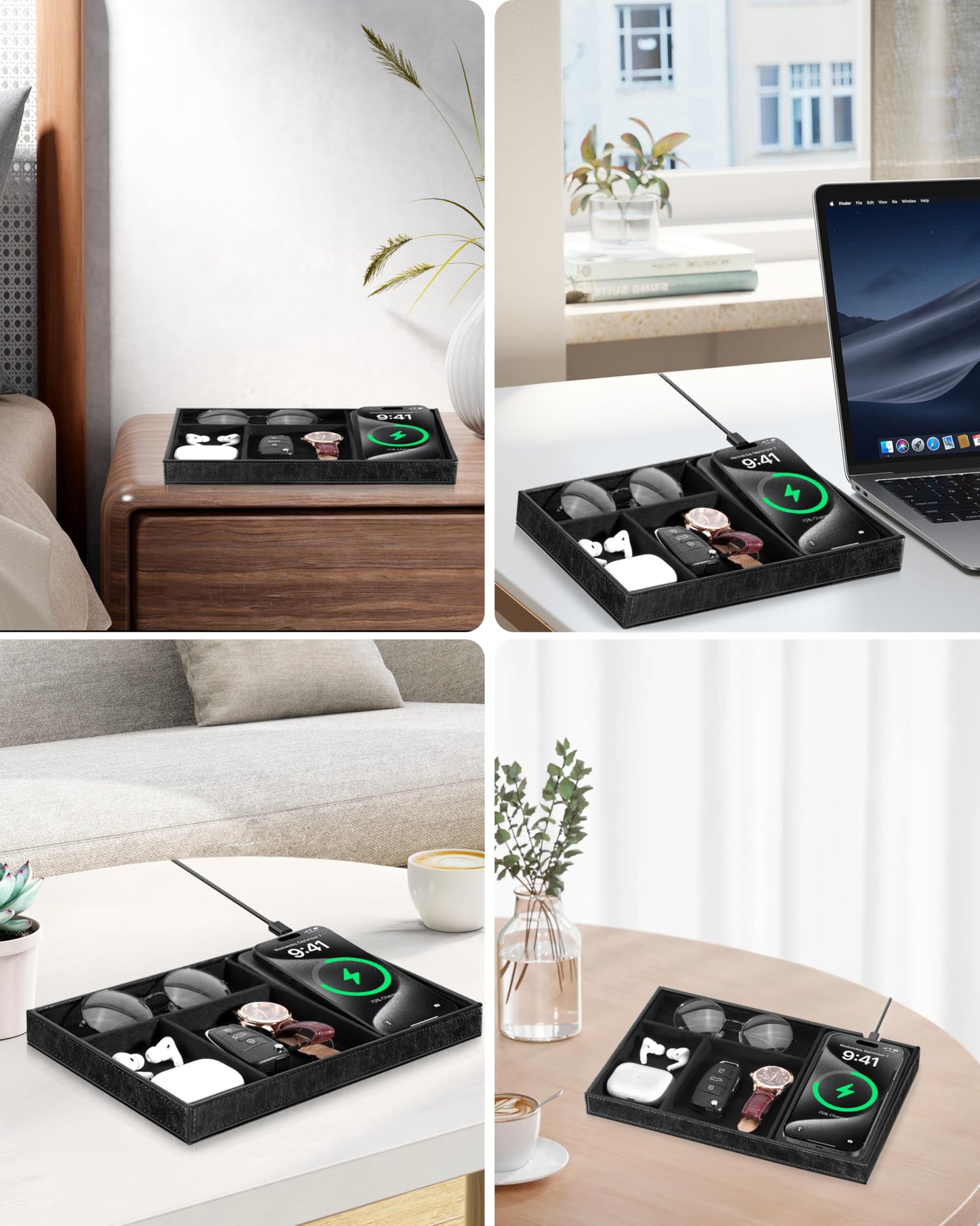 Investme Valet Tray with Wireless Charger, Nightstand Organizer for Men, EDC Catchall Tray for Keys, Watch, Wallet, Jewellery, Premium Vegan Leather, Bedside Caddy, Stylish and Organized, PU Black
