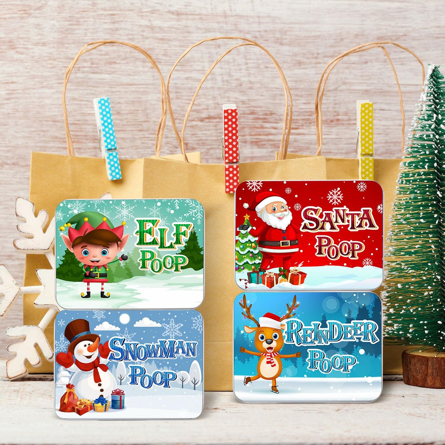 Zhengmy 8 Pack Novelty Christmas Poop Mint Stocking Stuffers Tins Christmas Character Mint Tins Gift Funny Candy Metal Box for Kids Teen Boy Adult, 4 Cute Style