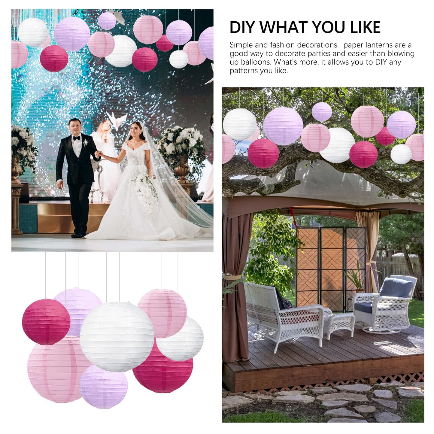 20Pcs Light Purple Rose Red Pink White Paper Lanterns for Parties, 6” 8” 10” 12” Chinese Asian Hanging Round Paper Lanterns for Birthday Wedding Halloween Christmas Home Decor Party Decor