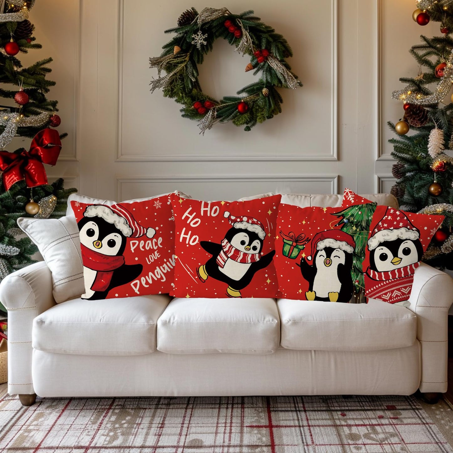 QIONG MENG Christmas Pillow Covers 18x18 Inch Set of 4 Penguin Christmas Decorations Pillowcase Xmas Red Throw Pillow Covers Home Sofa Living Room Decorative Cushion Case