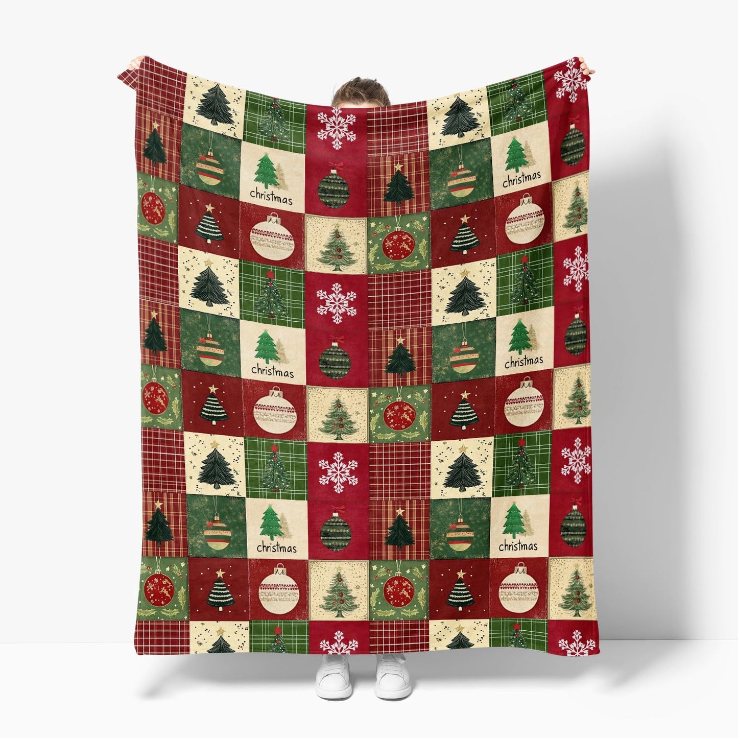 Horaldaily Christmas Flannel Blanket Throw, Red Green Checkered Tree Snow Ornaments Soft Fuzzy Plush Cozy Fleece Blankets for Couch Sofa Bed Lounging, Ideal Gifts for Kids Adults Wife Self, 50x60