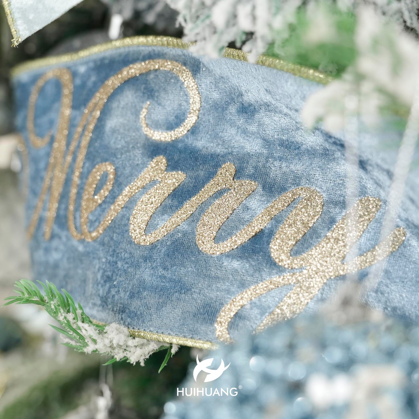 HUIHUANG Merry Christmas Ribbon 4 inch Dusty Blue Velvet Wired Ribbon with Glitter Gold Merry Christmas Ribbon for Christmas Trees, Tree Top Bows, Garlands, Staircases, Wreaths-10 Yards