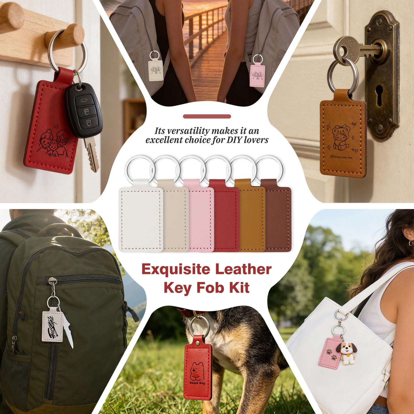 Tikjiua 30 Pcs Leather Key Fob Kit, 6 Colors Leather Keychain Blanks, Rectangular PU Key Chain Blanks with Keychain Rings for DIY Laser Engraving, Stamping Crafts Leather Working