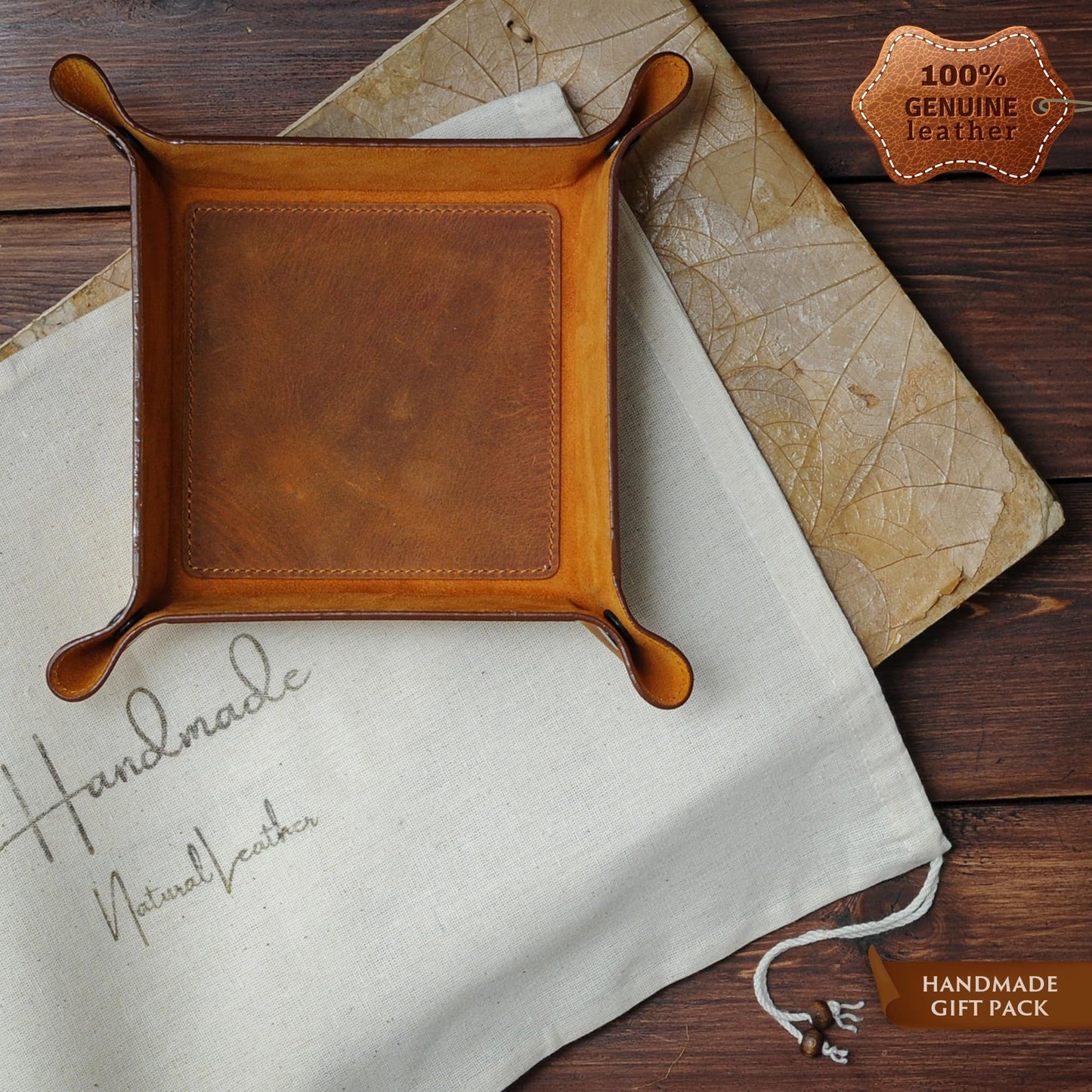 MayaCraft Handmade Leather Catch All Tray and Organizer for Keys, Phones, Jewels, Coins, Rectangular, Choco Brown