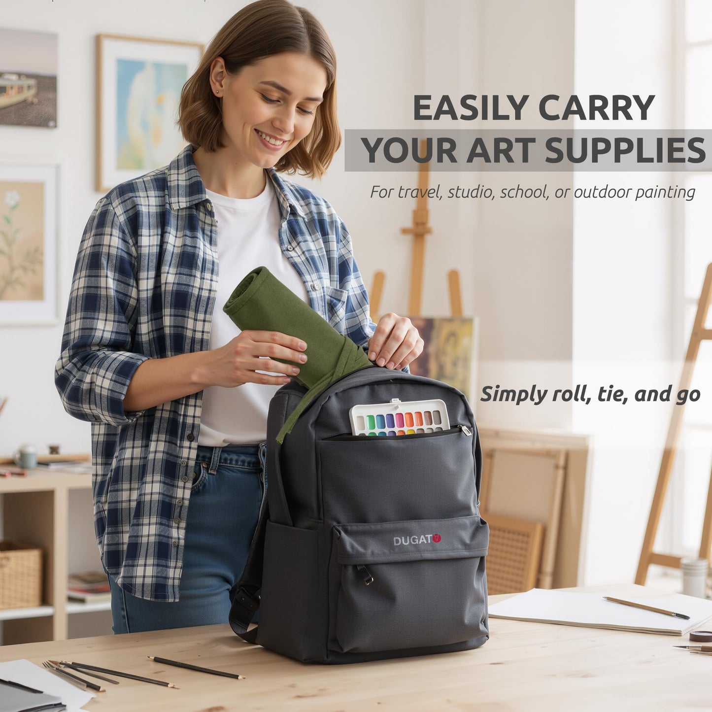 DUGATO 30-Slot Roll-Up Paint Brush Holder, Premium Canvas Brush Organizer for Artists, Washable Travel Brush Case for Watercolor, Acrylic, Pens & Art Supplies (Army Green) - Brushes not Included