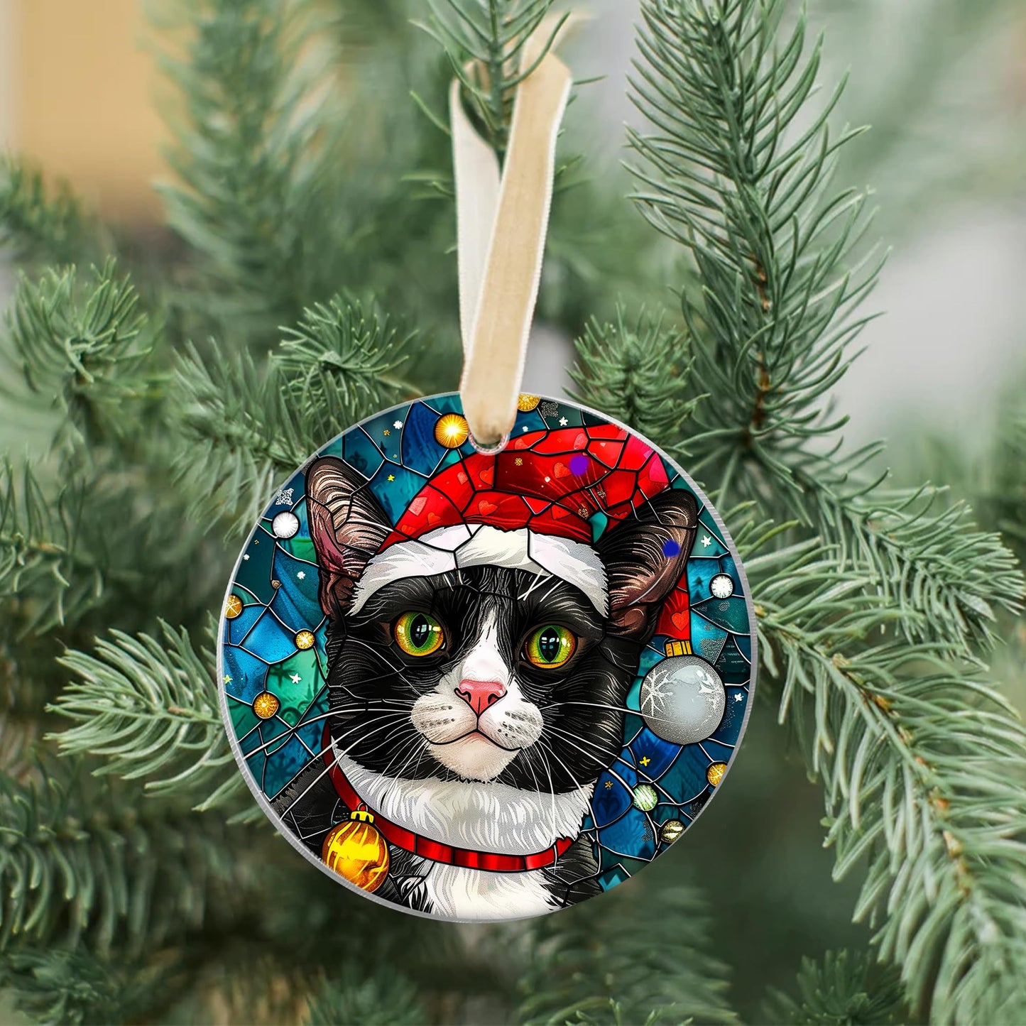 Fastpeace Tuxedo Cat Christmas Ornament with Santa Hat ā Stained Glass Style Tree Decoration ā Cute Hanging Gift for Cat Lovers, Friends, and Family