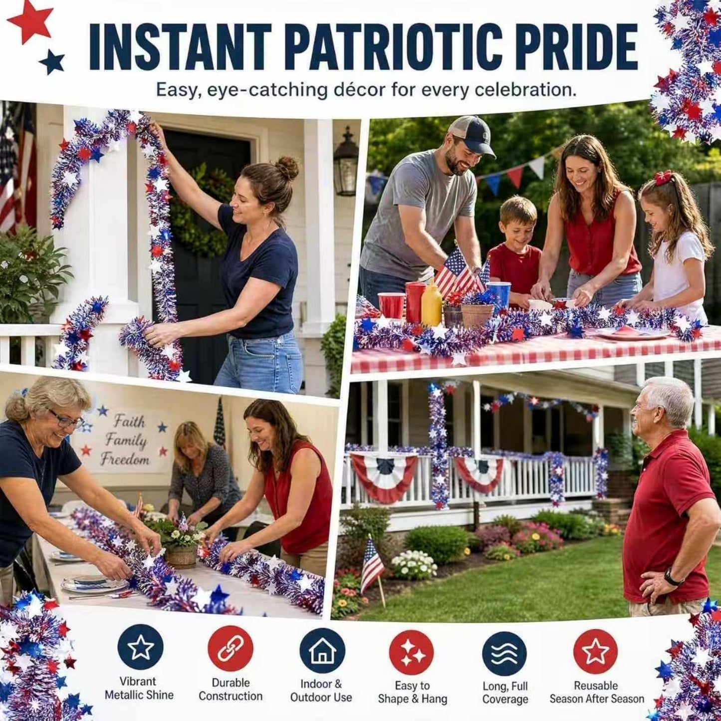 YunPuff 50 Ft Patriotic Star Garland, Red White Blue Metallic Tinsel with 5-Pointed Stars, 4th of July & America 250th Anniversary Decorations for Independence Day Party Mantle Porch Fireplace