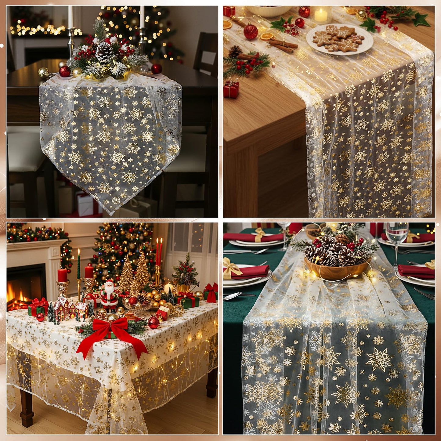 Newwiee 3 Pcs 120 Inch Christmas Gauze Table Runner Beige Gold Winter Snowflake Glitter Metallic Sequin Chiffon Tulle Party Table Decor Centerpiece for Wedding Xmas Baby Shower Birthday