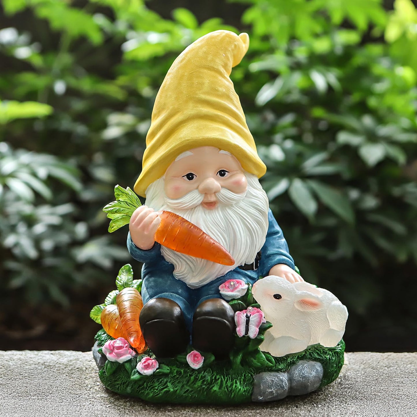 NATASE Solar Garden Outdoor Statues Gnome Feeding Rabbit with 6 LED Lawn Decor Outside Decorations for Patio, Balcony, Yard Ornament Unique Garden Gift