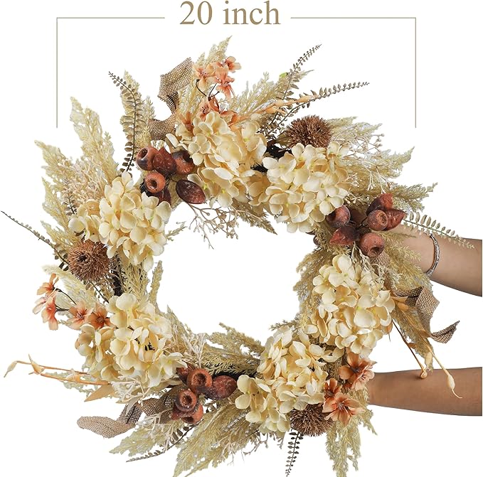 20 Inch Winter Fall Wreaths for Front Door, Boho Front Door Wreath, Fake Dried Hydrangea Flowers, Burlap, Pampas Fall Decorations for Home Farmhouse Front Porch
