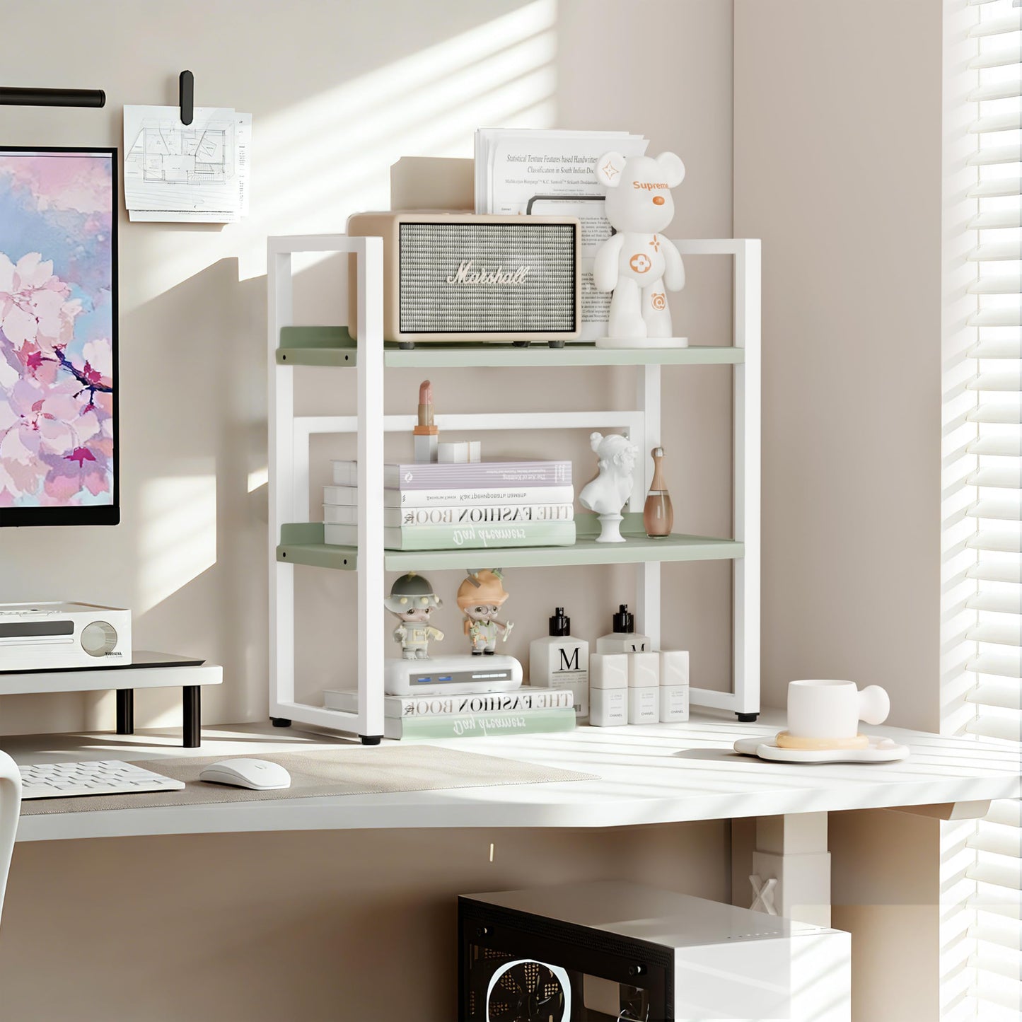 Brakki Desk Shelf Organizer, Adjustable 2 Tier Metal Desktop Shelves, Desktop Bookshelf Organization with Foot Mat, Multi-Functional Small Storage Rack for Office Dorm Home, White and Green