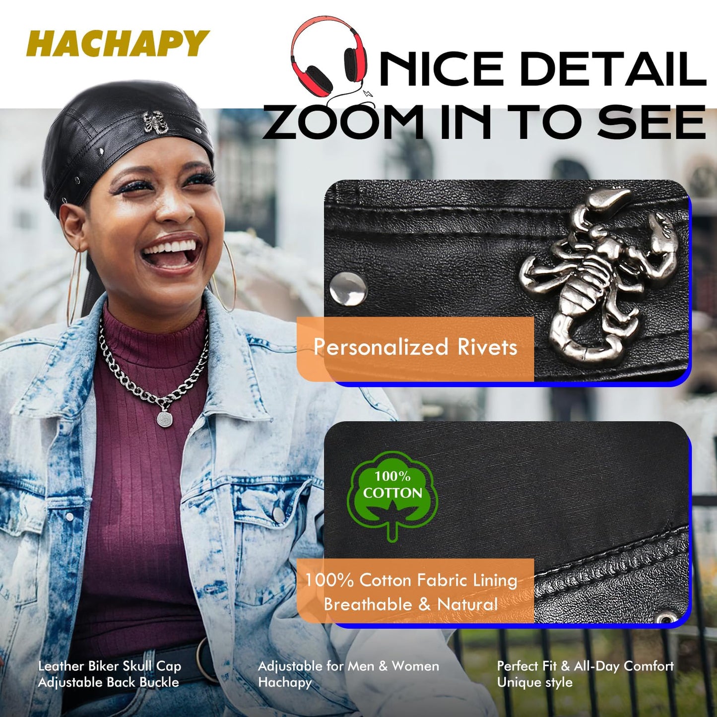 Hachapy Leather Biker Cap for Women - Adjustable Skull Motorcycle Hat with Snug Fit, Stylish Biker Head Wrap & Riding Cap for Badass Look