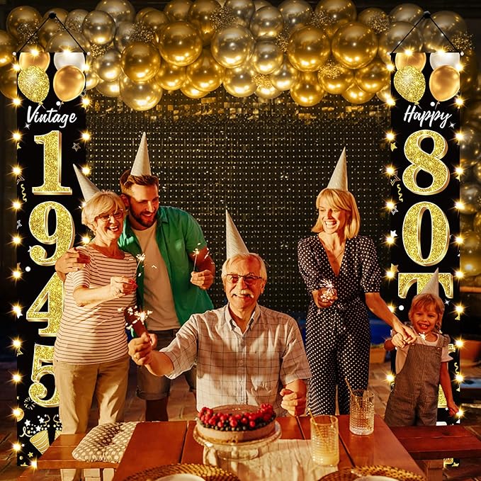 80th Birthday Party Banner Lighted Decorations for Men Women - Black Gold Vintage 1945 80th Birthday Door Banners with LED Light, Eighty Years Bday Party Supplies for Indoor Outdoor Decor
