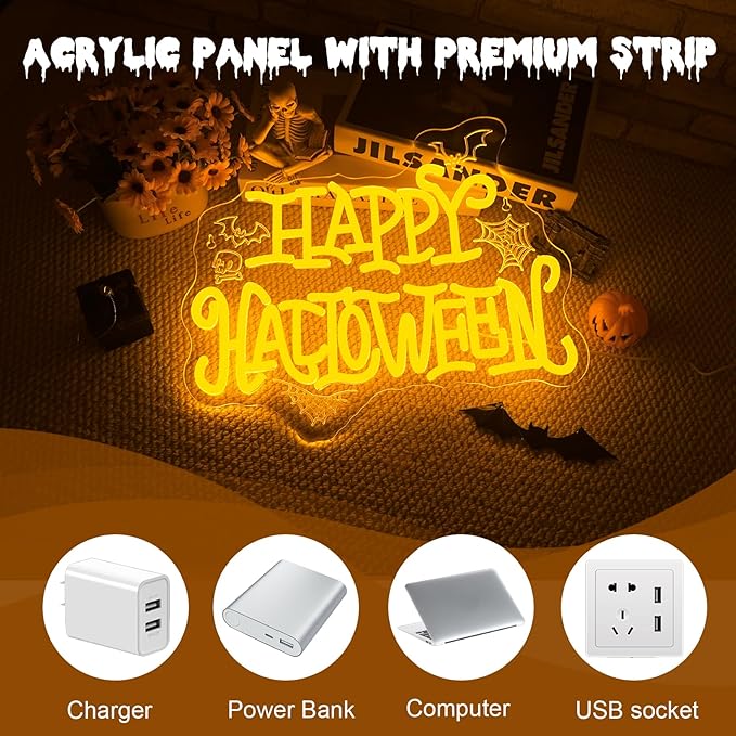 HAPPY HALLOWEEN Neon Sign, Bright Yellow LED Wall Light with Bats, Spider Webs & Skull, Halloween Party Decoration for Home, Bar, Dorm, Spooky Décor