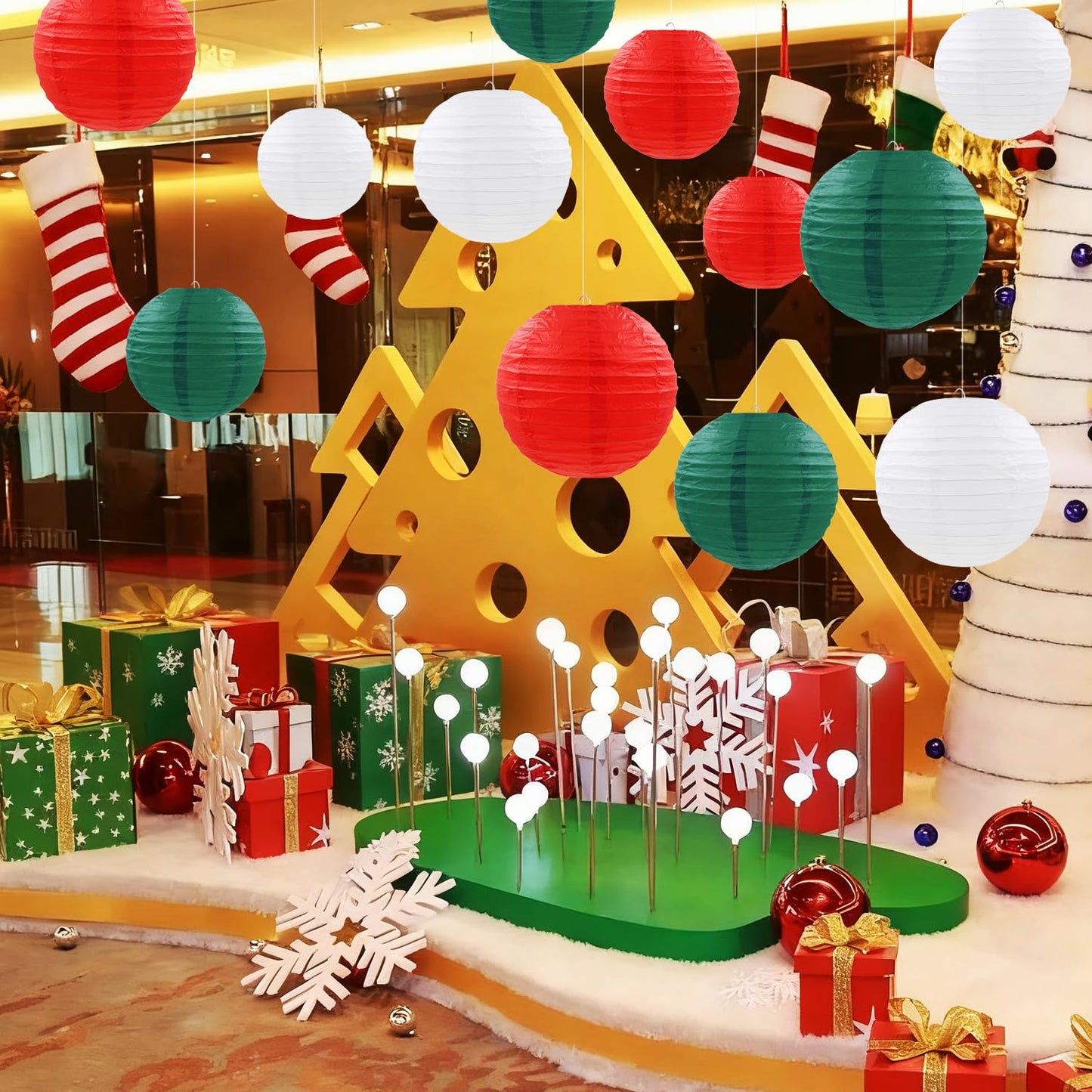 12 Pcs Christmas Paper Lanterns Red Green White Hanging Paper Lanterns for Christmas Graduation Anniversary Wedding Birthday Party Decoration Supplies
