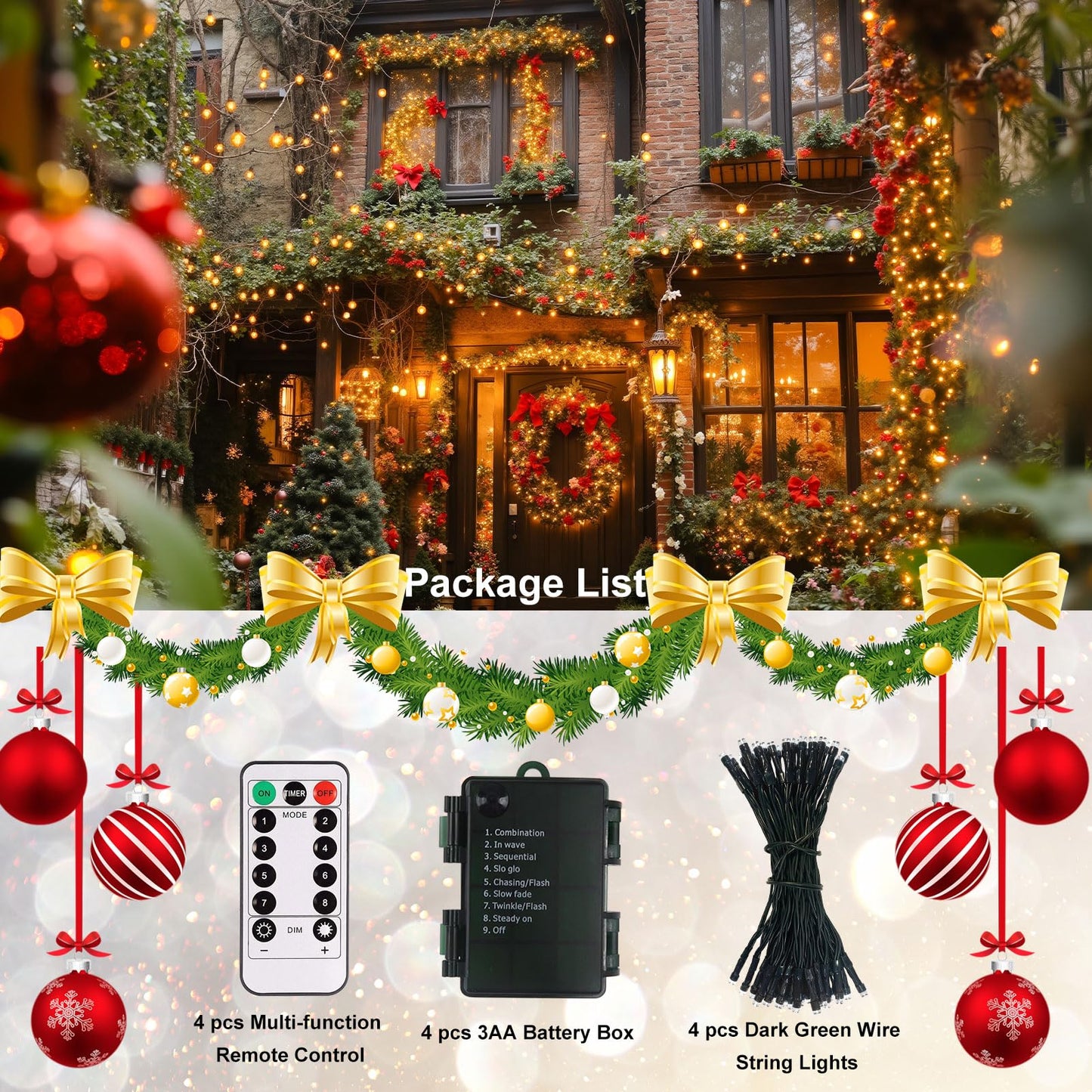 ZAIYW Battery Operated String Lights 4 Pack 16.5Ft 50LED String Lights with Remote Control 8 Modes Timer Christmas Lights Green Wire for Outdoor Garden Party Garlands Xmas Tree Decor (Warm White)