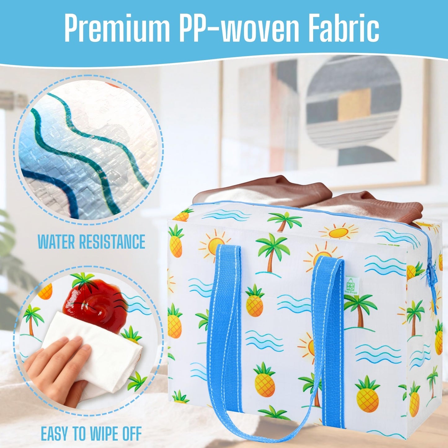 VENO 2 Pack Reusable Grocery Bags with Zipper, Heavy Duty Large Utility Tote with Hard Bottom, Foldable Water-Resistant Shopping Bags for Summer Beach, Pool, Picnic & Family Travel (Tropical Island)