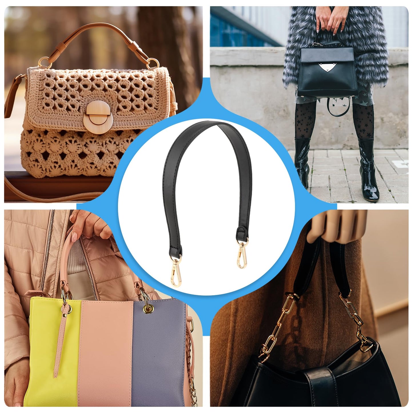 Black Leather Purse Strap 19inch Shoulder Strap for Handbags with Swivel Lobster Buckles, Wide 1inch Purse Strap Handles Replacement Small Bag Chain for Handbags Purse Shoulder Bag Making Supplies
