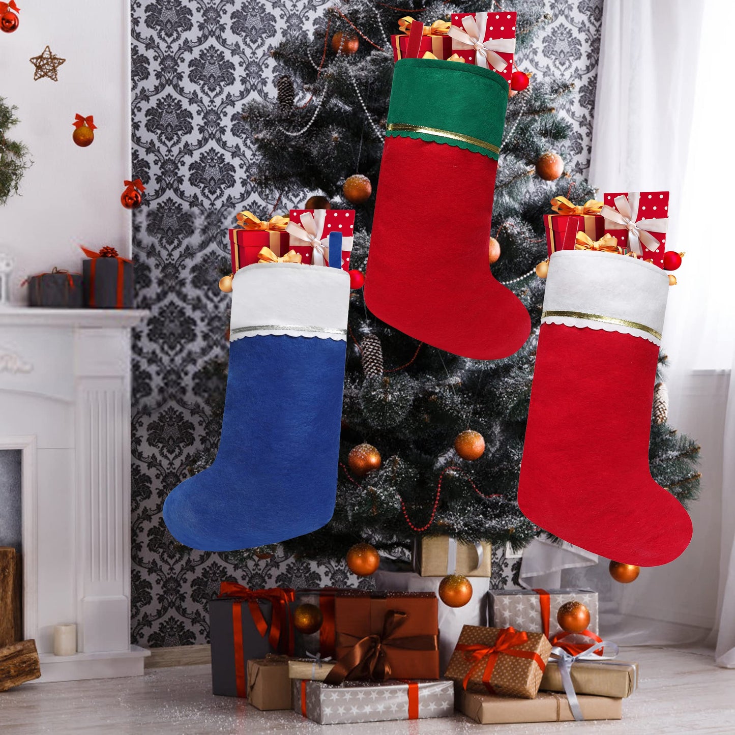 Tokforty 12 Pack Felt Christmas Stockings, 19 Inches Red and White Christmas Stockings Hanging Ornaments, White Cuff with Gold Trim Christmas Stockings for Family Christmas Holiday Decorations