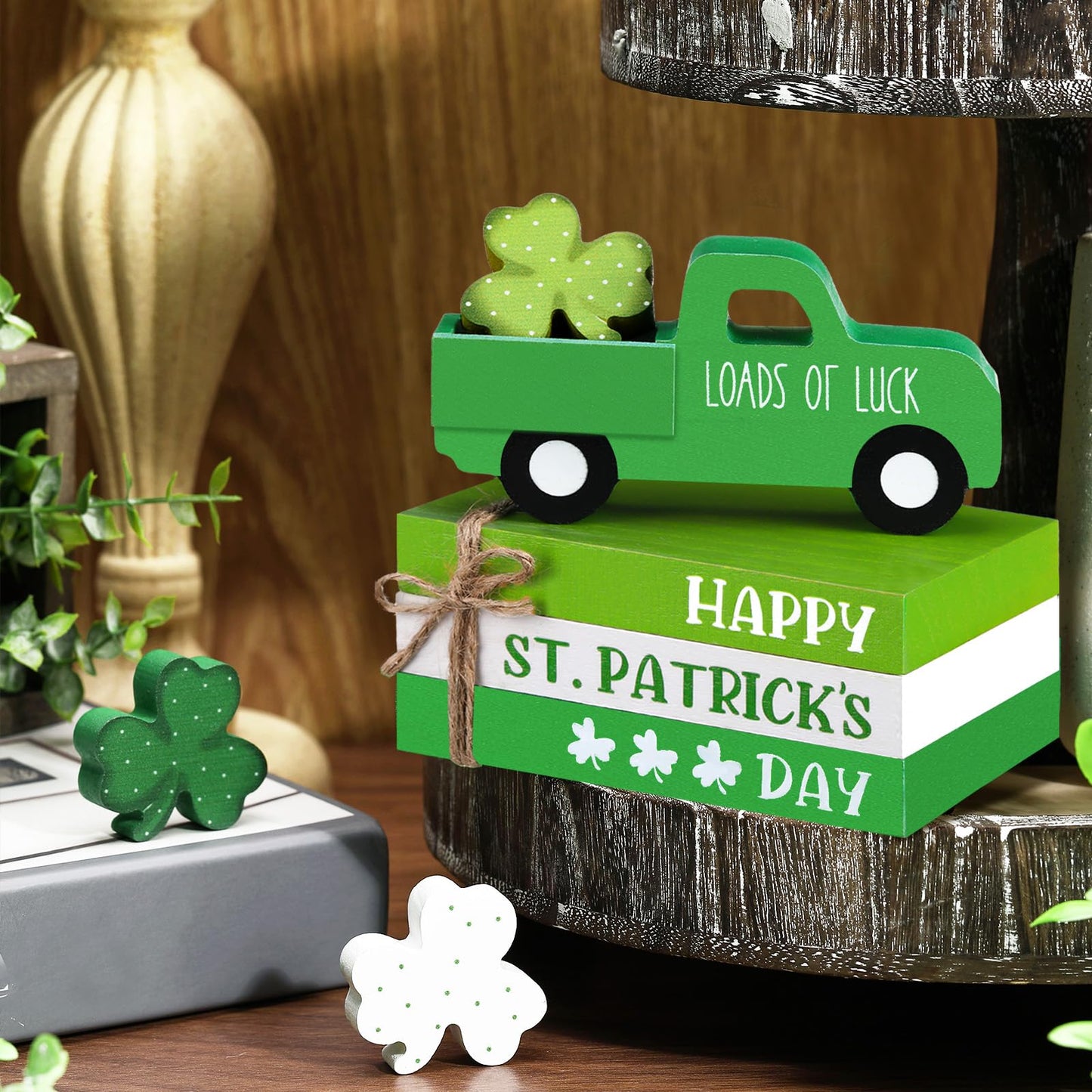 DoubleFill 7 Pcs St Patricks Day Decorations St Patricks Day Tiered Tray Decor Irish Wood Lucky Shamrock Table Centerpiece Decor 3 Faux Books Bundle with Twine Green Truck Sign for Bookshelf Home Gift