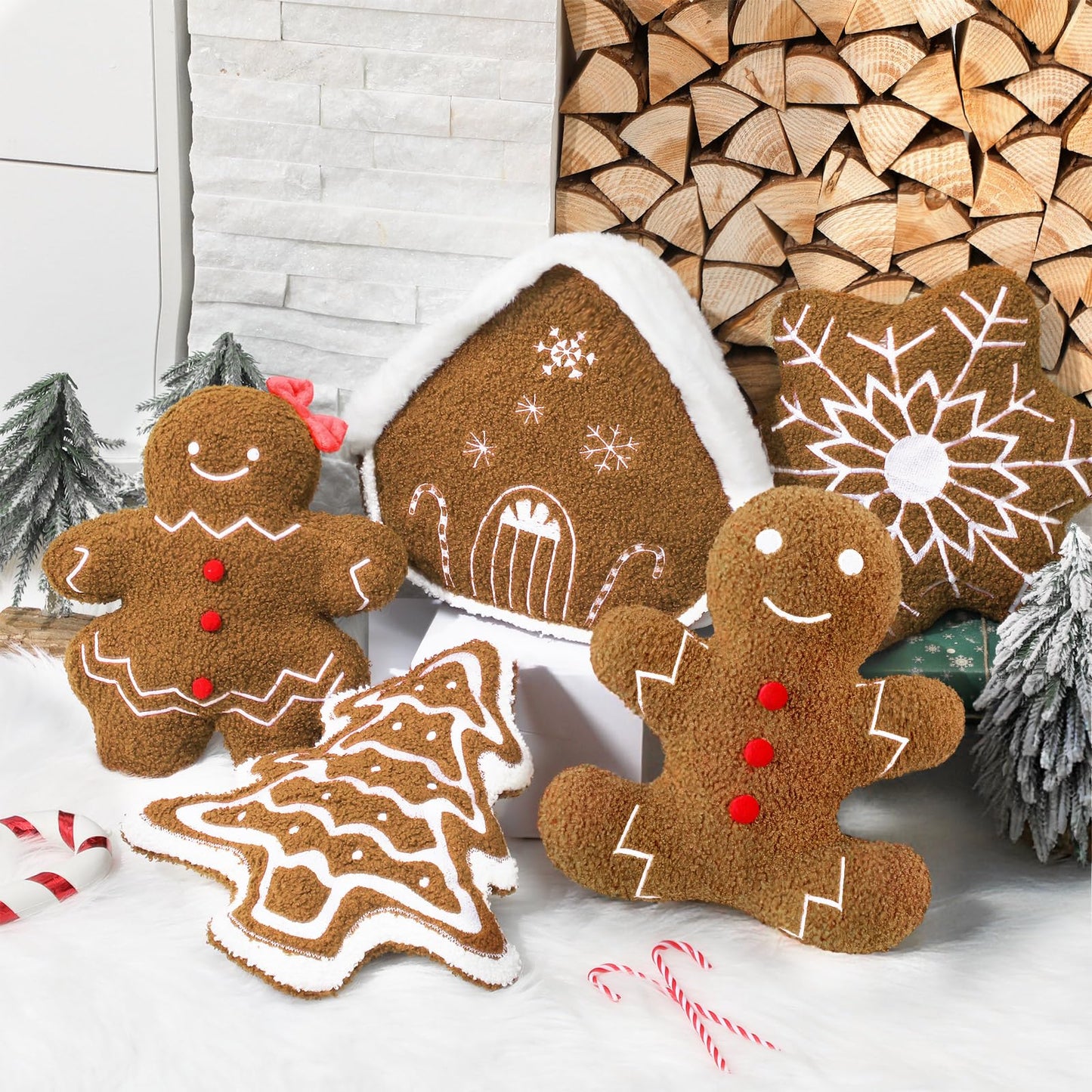 Geelin 5 Pcs Gingerbread Christmas Decorations Christmas Throw Pillows Stuffed Plush Gingerbread Man House Xmas Tree Snowflake Lumbar Pillows Cushion for Winter Holiday Bed Sofa Couch Outdoor Party