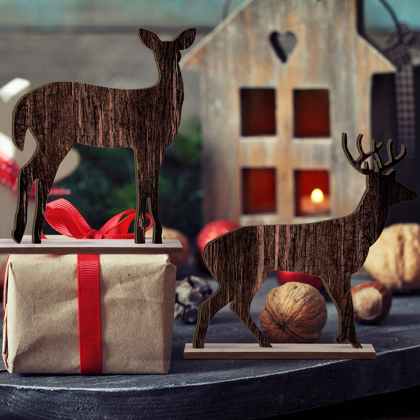 Barydat 4 Pcs Summer Christmas Table Decorations Wooden Christmas in July Pine Tree Reindeer Table Centerpiece Xmas Tabletop Sign Rustic Farmhouse Decor for Home Office Party Supplies Gifts (Reindeer)