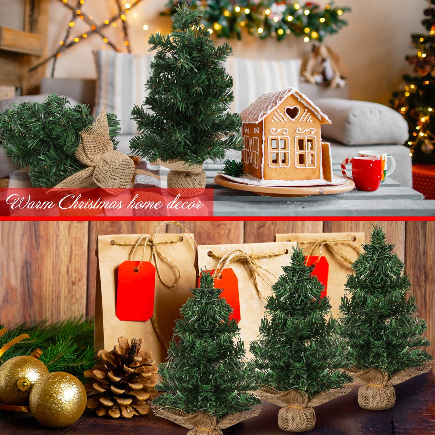 Yinder Tabletop 6 Pcs Mini Christmas Tree 11.81 Inch Artificial Mini Xmas Miniature Pine Christmas Tree with Linen Base for Xmas Holiday Decorations Indoor Home Kitchen Dining Table