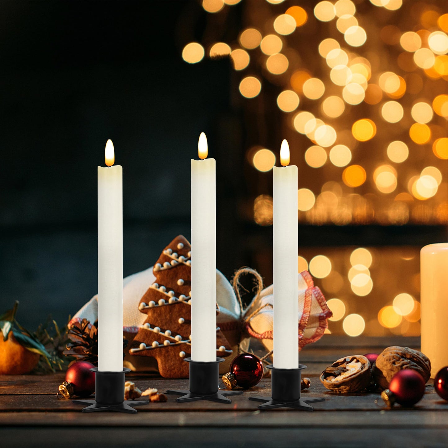 CVHOMEDECO. Real Wax Flameless Taper Candles with 10-Key Remote, Battery Operated Led Flickering 3D Wick Light Window Candles Home Christmas Party Decor 0.78 x 10 Inch, Pack of 3, Ivory