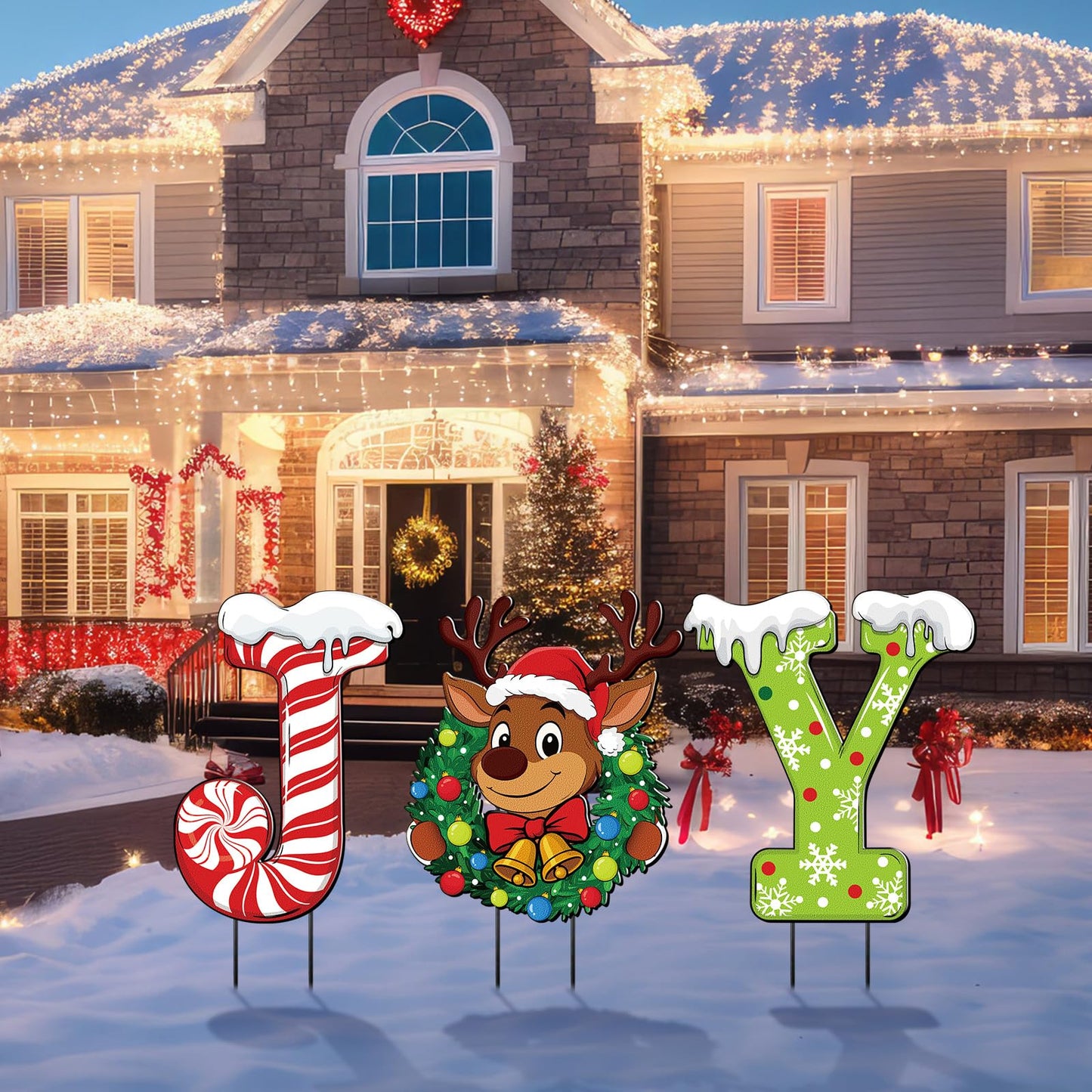 MorningRo 3 Pcs Metal Christmas Joy Yard Signs Outdoor Waterproof Candy Cane Elk Snowflakes Christmas Yard Sign with Stakes for Outside Porch Patio Lawn Garden Pathway Xmas Holiday Winter Decoration
