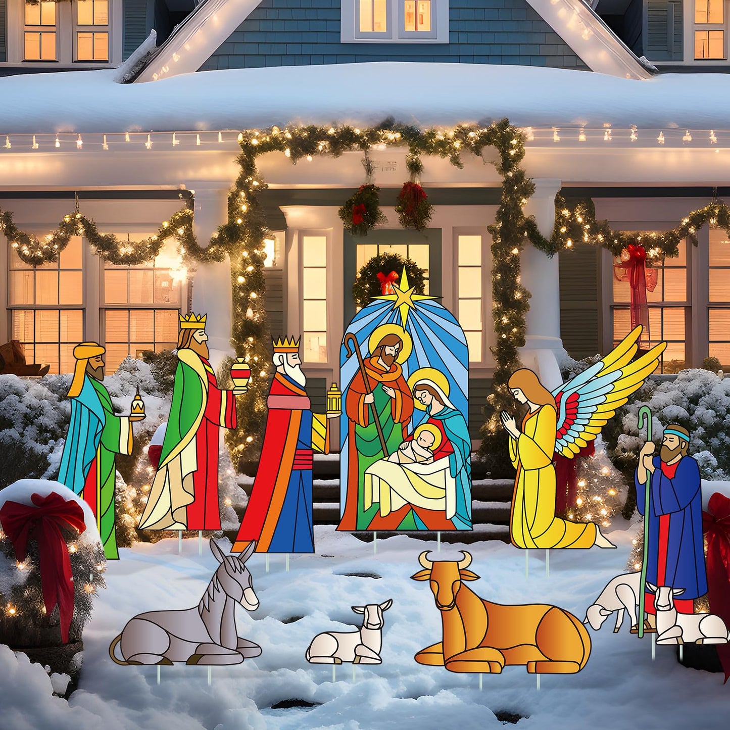 Kathfly 9 Pcs Outdoor Nativity Scene Yard Sign with Stakes Holy Christmas Nativity Yard Stakes Lawn Sign Religious Three Kings Gifts Christmas Decorations for Xmas Party Outdoor Garden Lawn Decoration