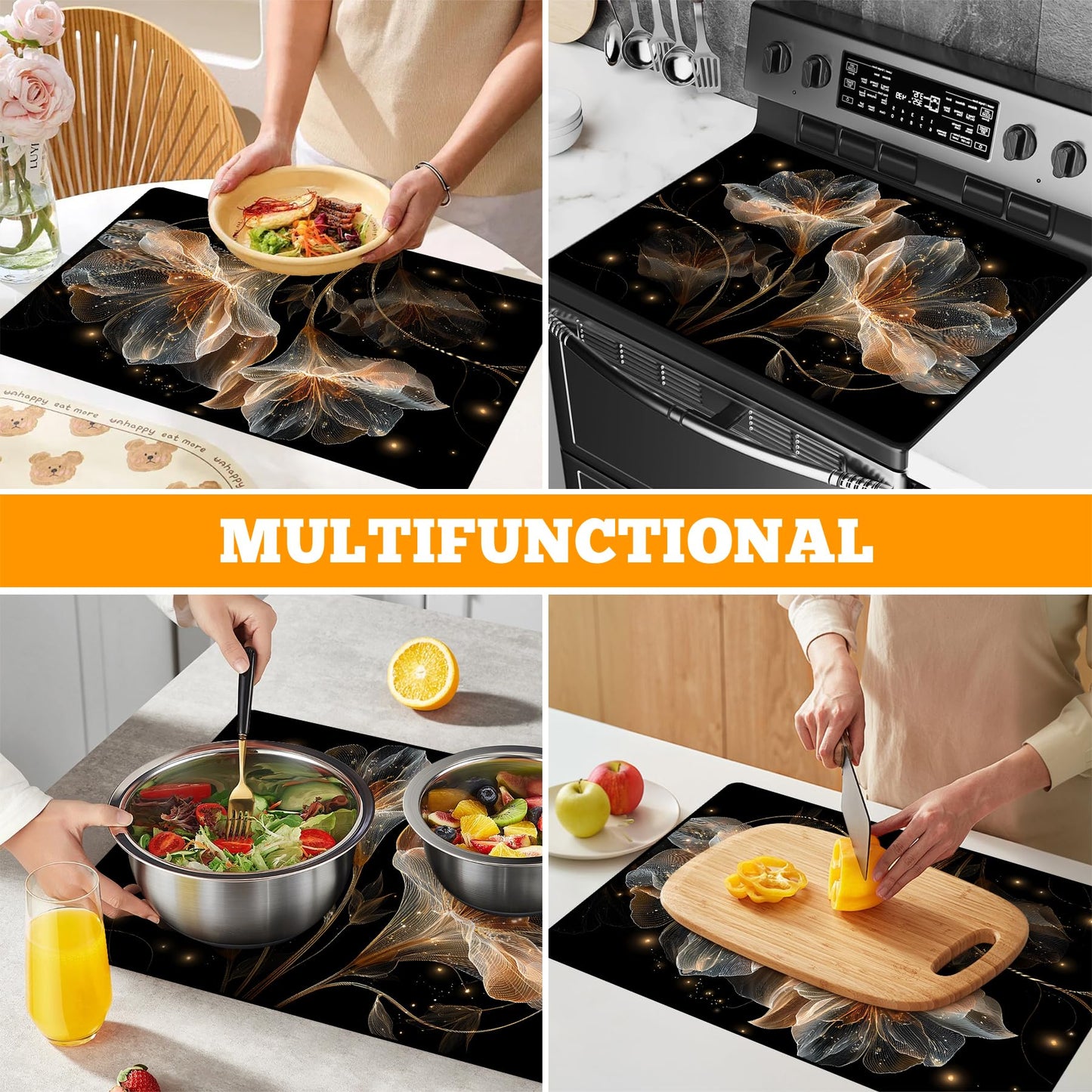 AOHMPT Multi-Design Stove Top Cover for Glass/Electric Stoves - 3-in-1 Heat-Resistant Protector Mat,Christmas Theme Non-Slip Drying Rack 28"x20"
