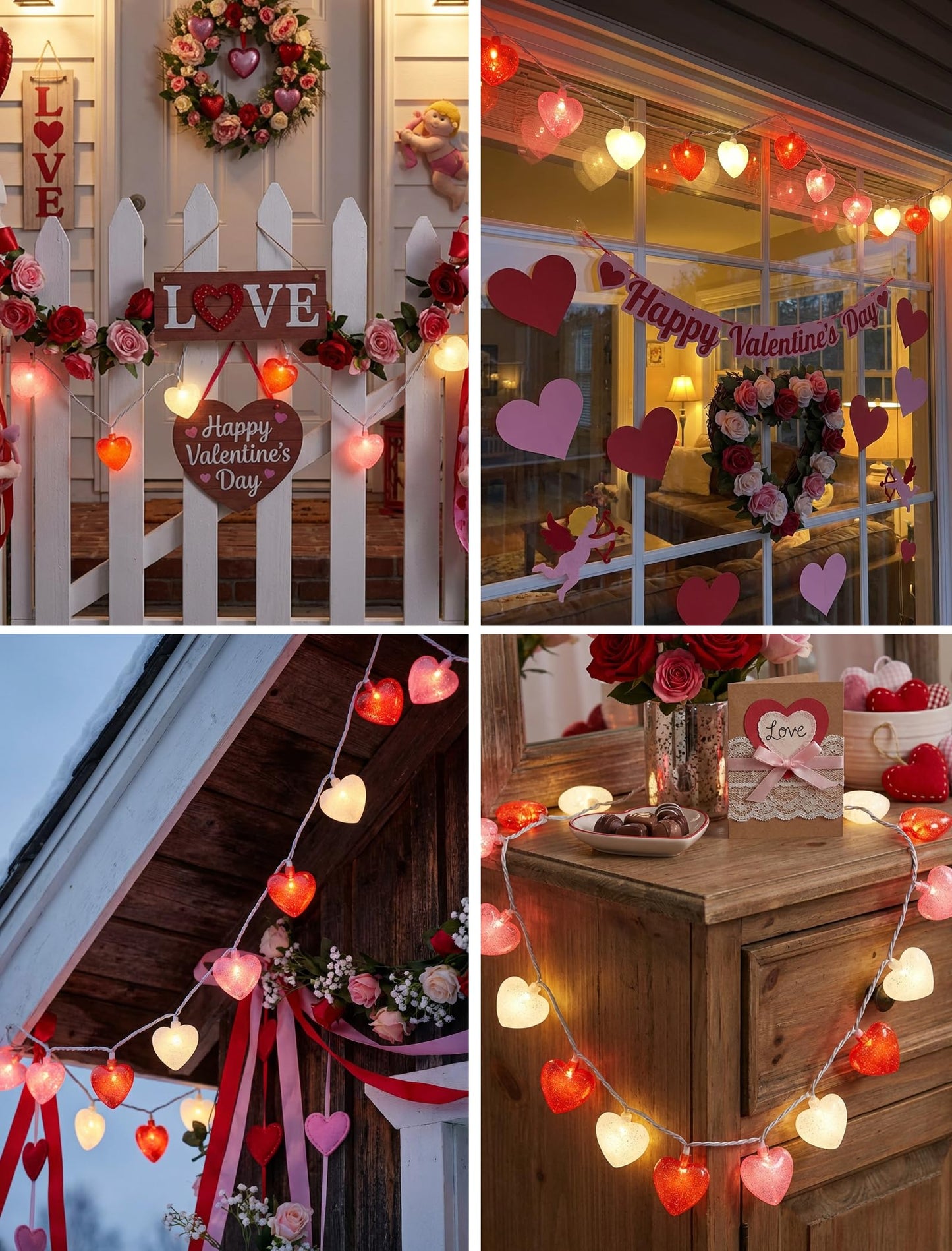 Valentines Day Heart String Lights Plug in, 8.5Ft Indoor Outdoor Valentine's Day Decorations String Lights with 10 LED Red Pink and White Heart Lights for Wedding Party Window Christmas Birthday Decor