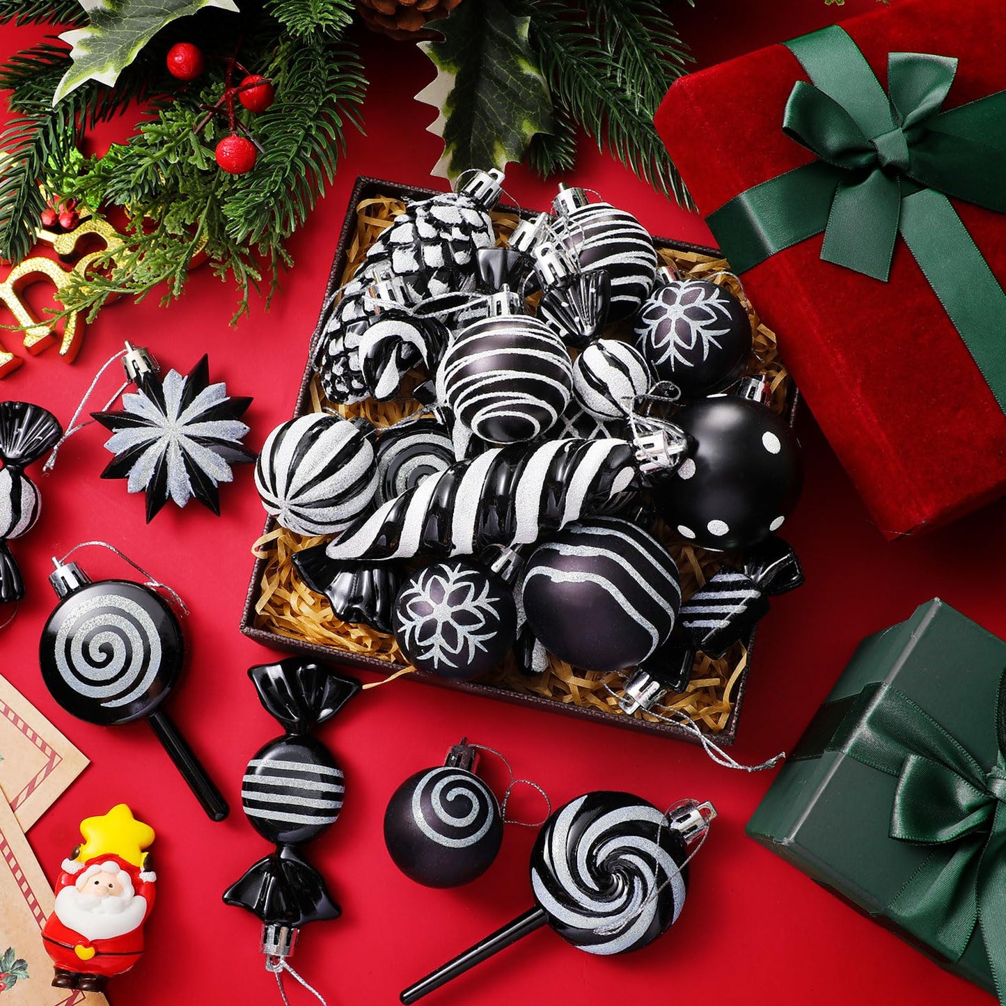 Knitgrip 50 Pcs Christmas Candy Cane Lollipop Ornaments Christmas Peppermint Candy Tree Balls Decorations with Rope Plastic Xmas Hanging Ornaments for Party Decor(Black, White)
