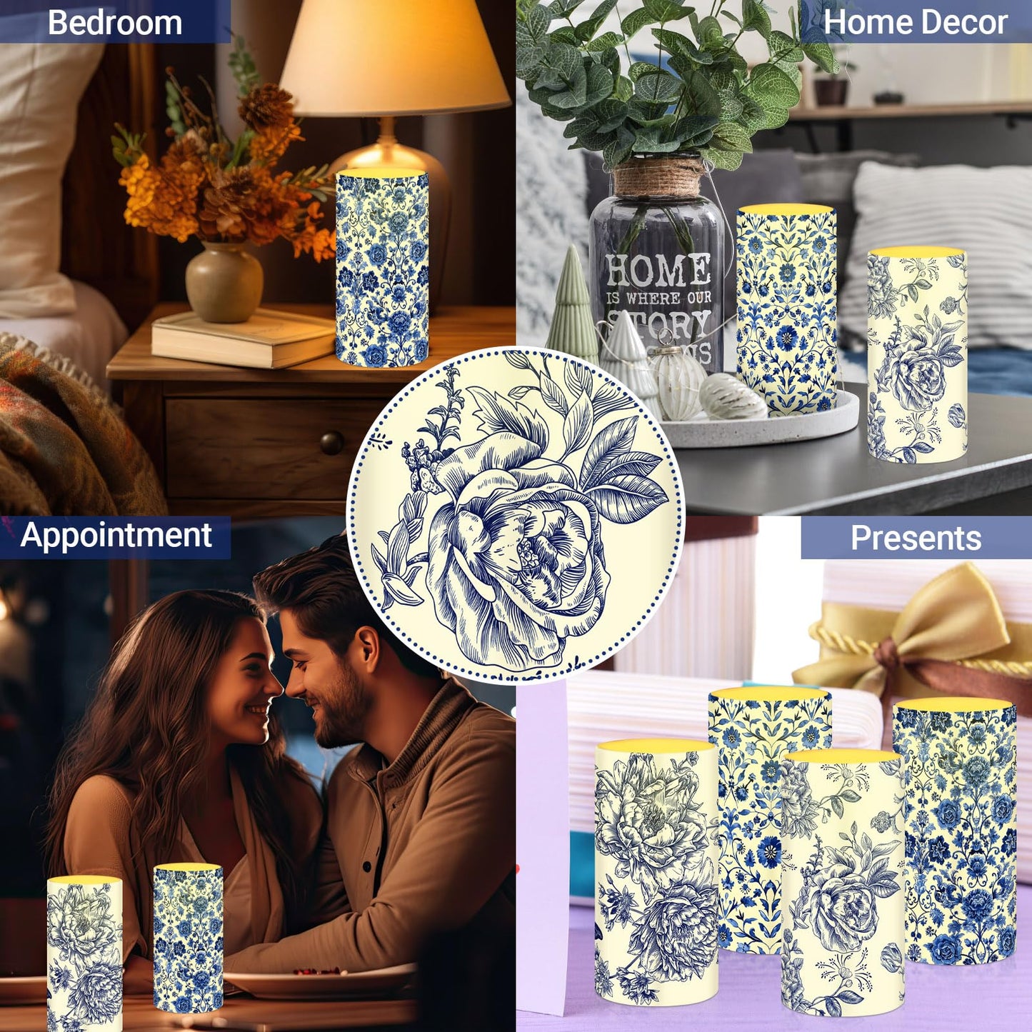 Tiamon 4 Pcs Chinoiserie Flameless Pillar Candles LED Blue and White Porcelain Candles Set Battery Operated Warm Light Flickering Chinoiserie Decor for Wedding Home Table Party Decoration