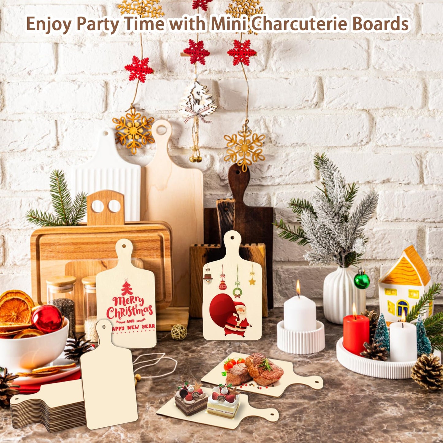 36 Pcs Mini Wooden Cutting Board for Crafts Small Charcuterie Boards Bulk with Handles Unfinished Wood Paddle Blank Chopping Plank for DIY Kitchen Thanksgiving Christmas Cooking Decor (9.4" X 5.5")