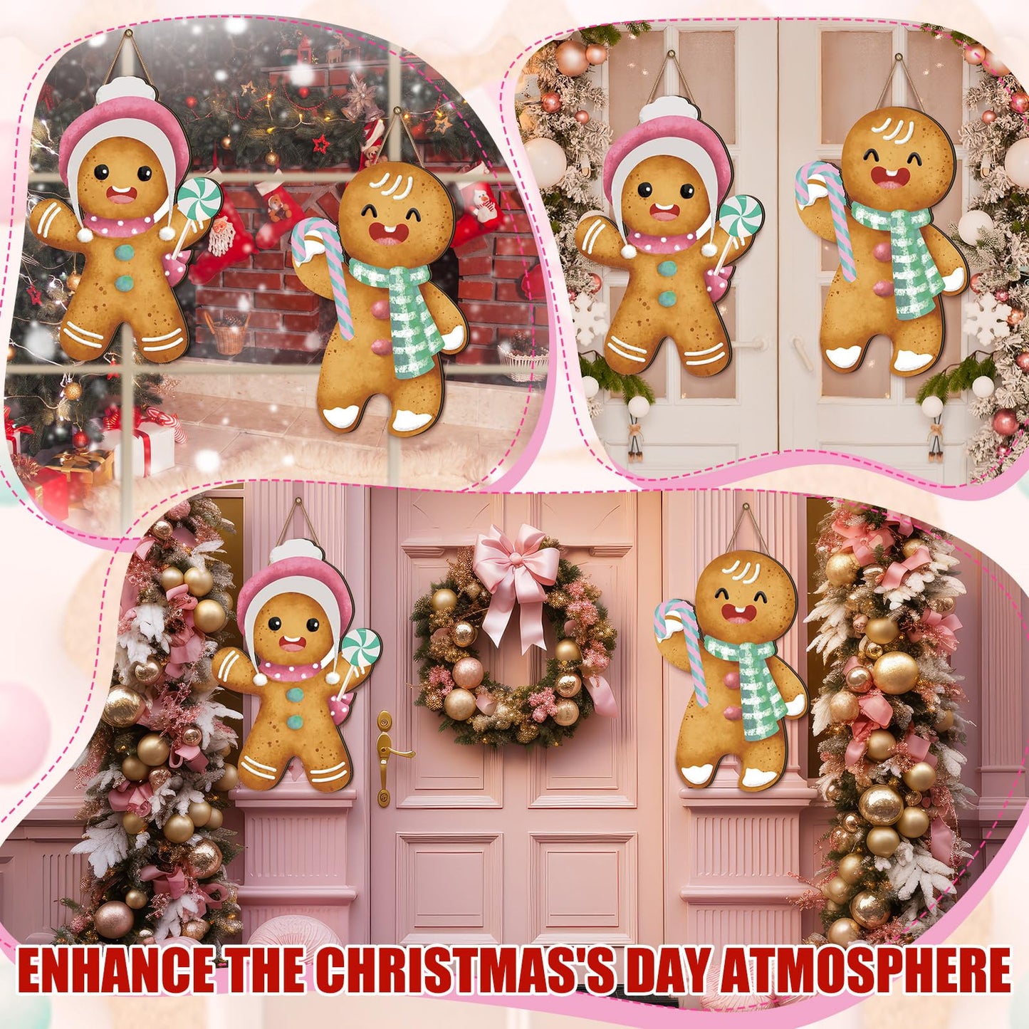 2 Pcs Pastel Gingerbread Christmas Decorations Christmas Wreath Hanging Sign for Front Door Candyland Wooden Welcome Signs Gingerbread Man Hanging Signs Ginger Bread Decor for Holiday