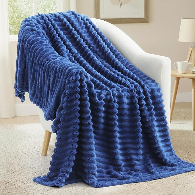 decorUhome Soft Fleece Navy Blue Throw Blanket for Couch, Cozy Fluffy Plush Flannel Striped Blanket for Sofa Bed, Lightweight Decorative Ribbed Fuzzy Blanket for Woman, 50x60 Inches