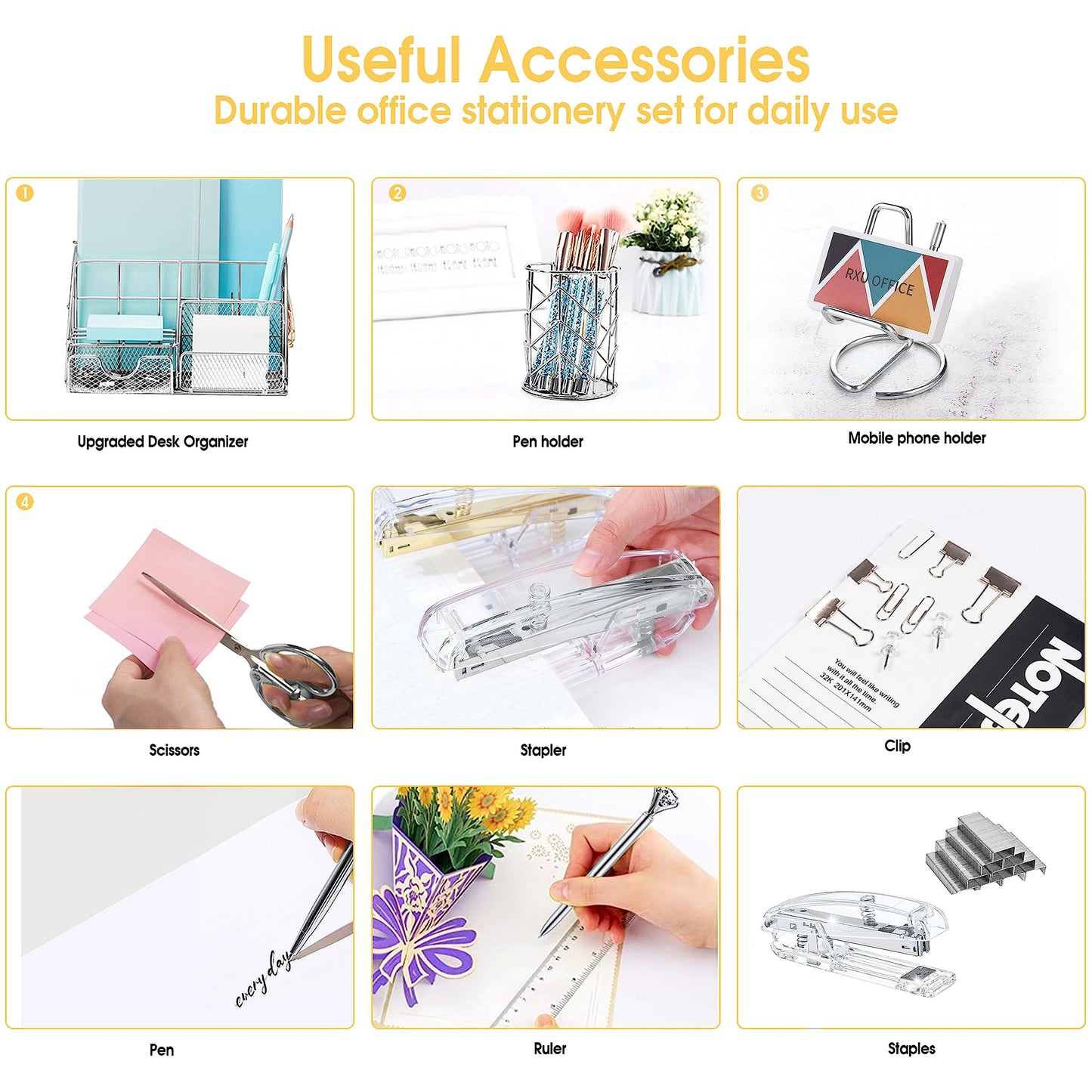 KAAKOW Silver Desk Organizers and Accessories Office Supplies Set Stapler, Pen Holder, Phone Holder, Scissors, Pen, Ruler, 30 Paper Clips, 22 Binder Clip, 20 Tacks and 1000pcs Staples
