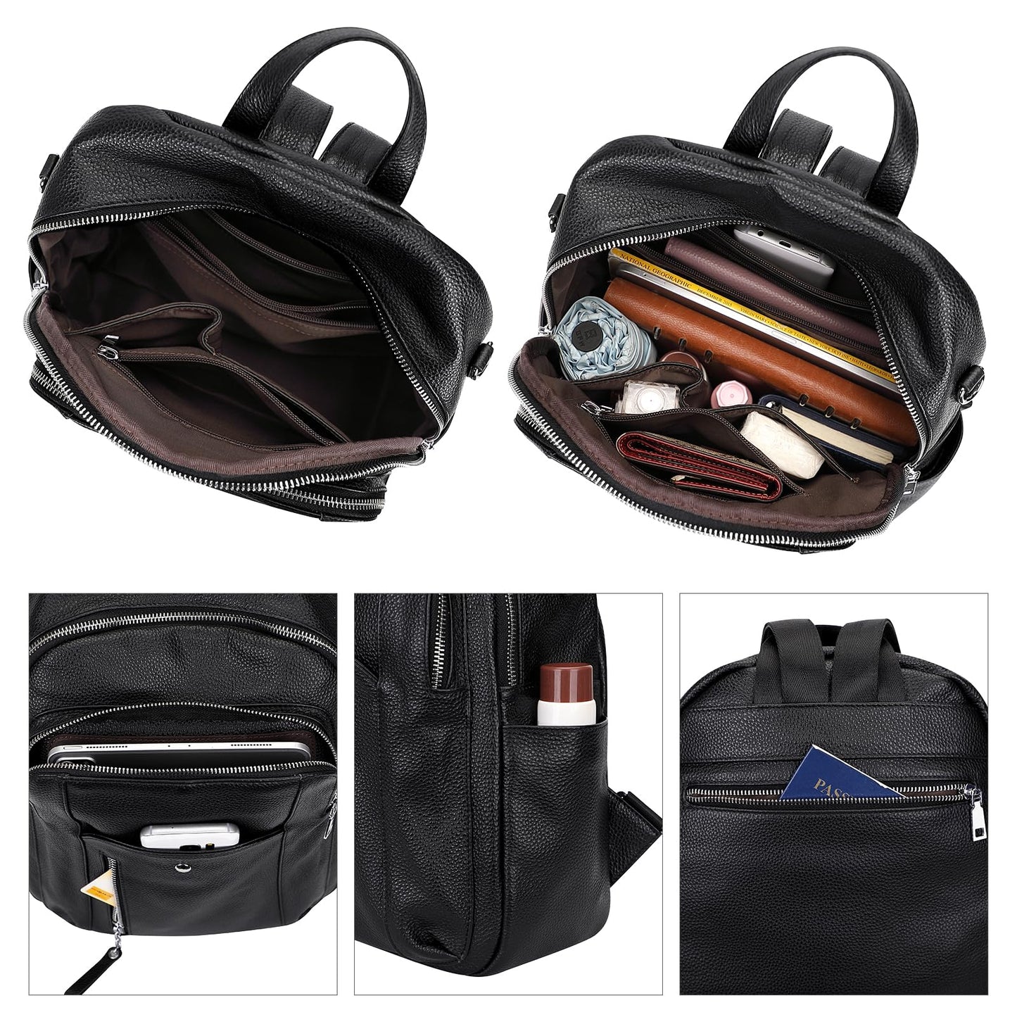 ALTOSY Fashion Genuine Leather Backpack Purse for Women Shoulder Bag Casual Daypack Medium(S9 Black New)
