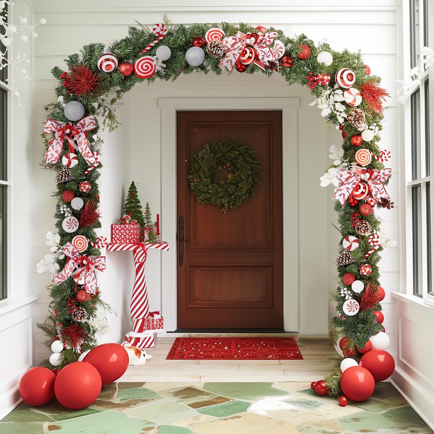 WBHome Pre-lit 9 Feet/106 Inch Christmas Garland Candy Shop Red & White Themed with 50 LED Lights Holiday Decorations, Battery Operated (Batteries NOT Included)