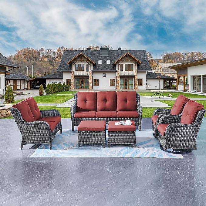 Rilyson Wicker Patio Furniture Set - 6 Piece Rattan Outdoor Sectional Conversation Sets with 2 Rocking Swivel Chairs,2 Ottomans,1 Sofa and 1 Loveseat for Porch Deck Garden(Mixed Grey/Red)
