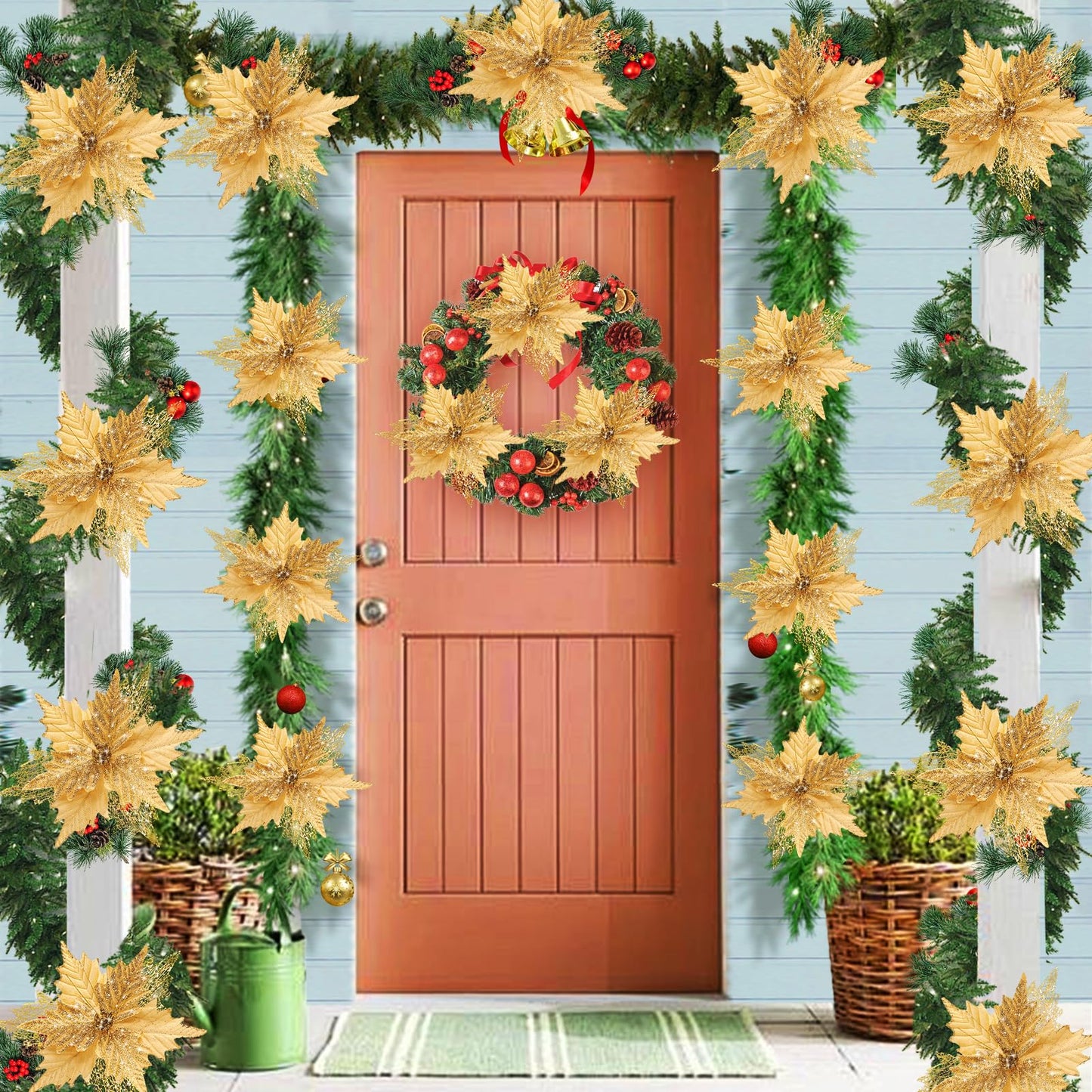 10'' Large Christmas Glitter Poinsettia Flowers Decorations, stadeco 10 Pcs Christmas Tree Picks Ornaments Artificial Flowers with Long Stems for Xmas Tree Wreath Garland Wedding Party DIY Decor