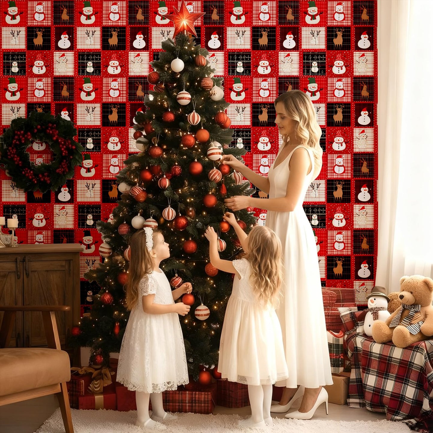 Peel and Stick Christmas Wallpaper Festive Snowman & Reindeer Holiday Contact Paper Removable Self Adhesive Vinyl Christmas Decor Wall Paper for Countertop Cabinets Drawers Furniture 17" x 196.8"