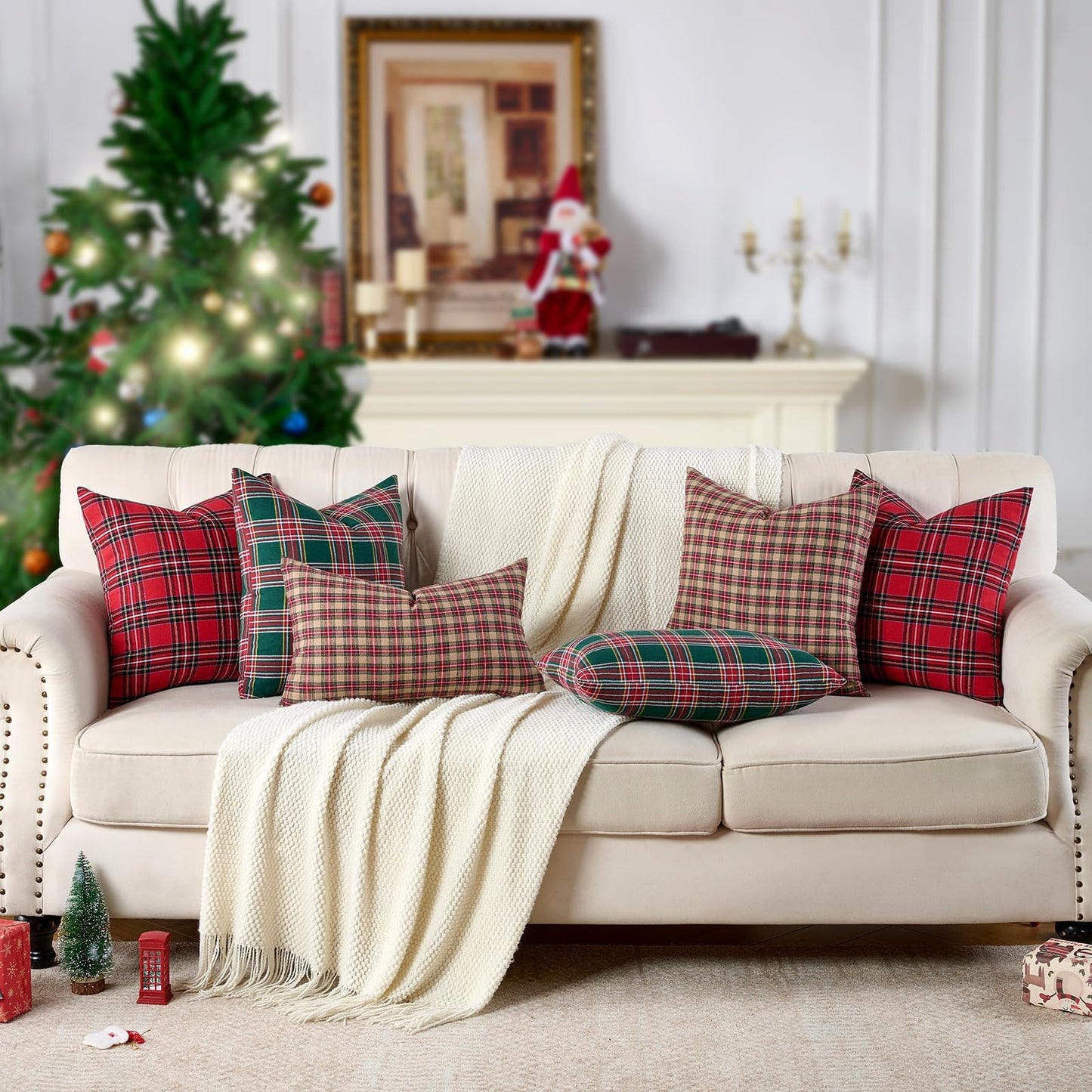 Green Tartan Plaid Christmas Decorative Throw Pillow Covers 18x18 Set of 2, Green Farmhouse Christmas Decor Buffalo Plaid Pillows for Couch & Living Room, Traditional Country Xmas Decorations