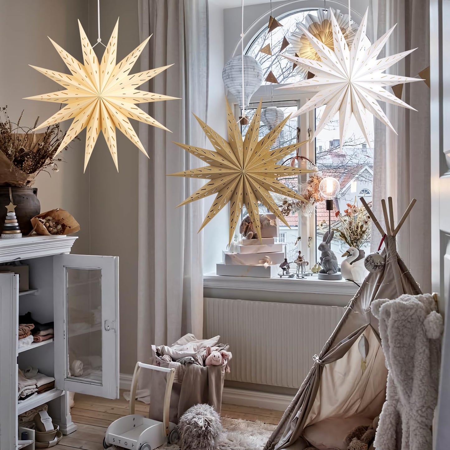 SUNBEAUTY 14-Pointed 18 Inch Hollow Out Paper Star Lanterns Brown White Christmas Lanterns Hanging Lamp Paper Decorations Shade Wedding Birthday Christmas Home Party Decorations