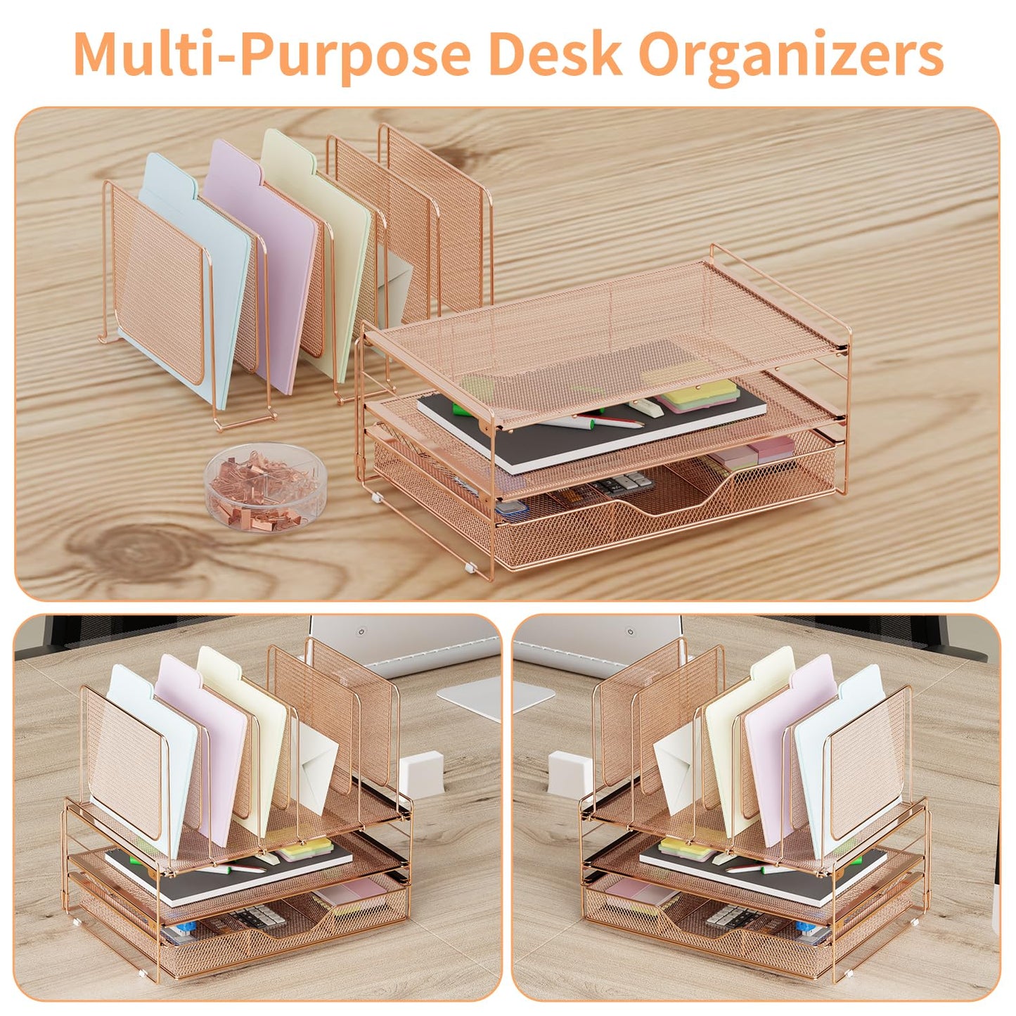 LEKETREE Rose Gold Desk Organizer, Office Organization with Vertical File Holder, File Organizer with Drawer and Office Supplies, Desk Accessories and Workspace Organizers (Rose Gold)