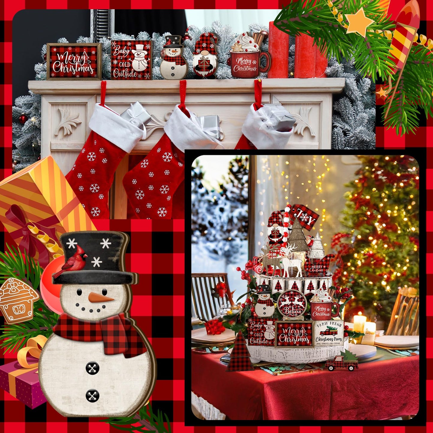 Shellwei 21 Pcs Christmas Tiered Tray Decor Set Wood Rustic Buffalo Plaid Christmas Decoration Winter Farmhouse Decor Xmas Trees Gnome Elk Snowflake Signs for Table Shelf Home Centerpiece (Plaid)