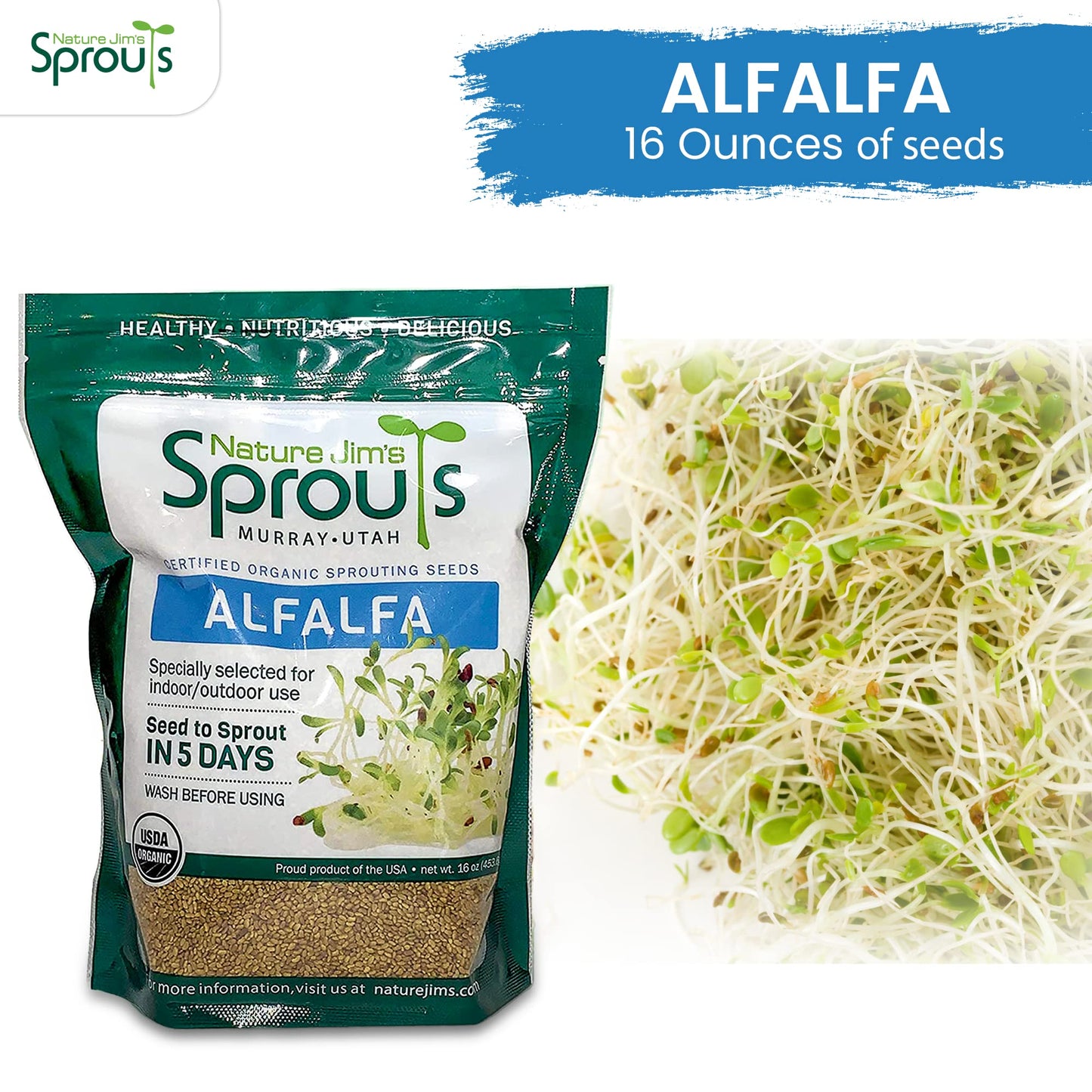 Nature Jims Sprouts alfalfa Seeds ā 16 Oz Organic Sprouting Seeds ā Non-GMO Premium Alfalfa Seeds ā Resealable Bag for Longer Freshness ā Rich in Vitamins, Minerals, Fiber
