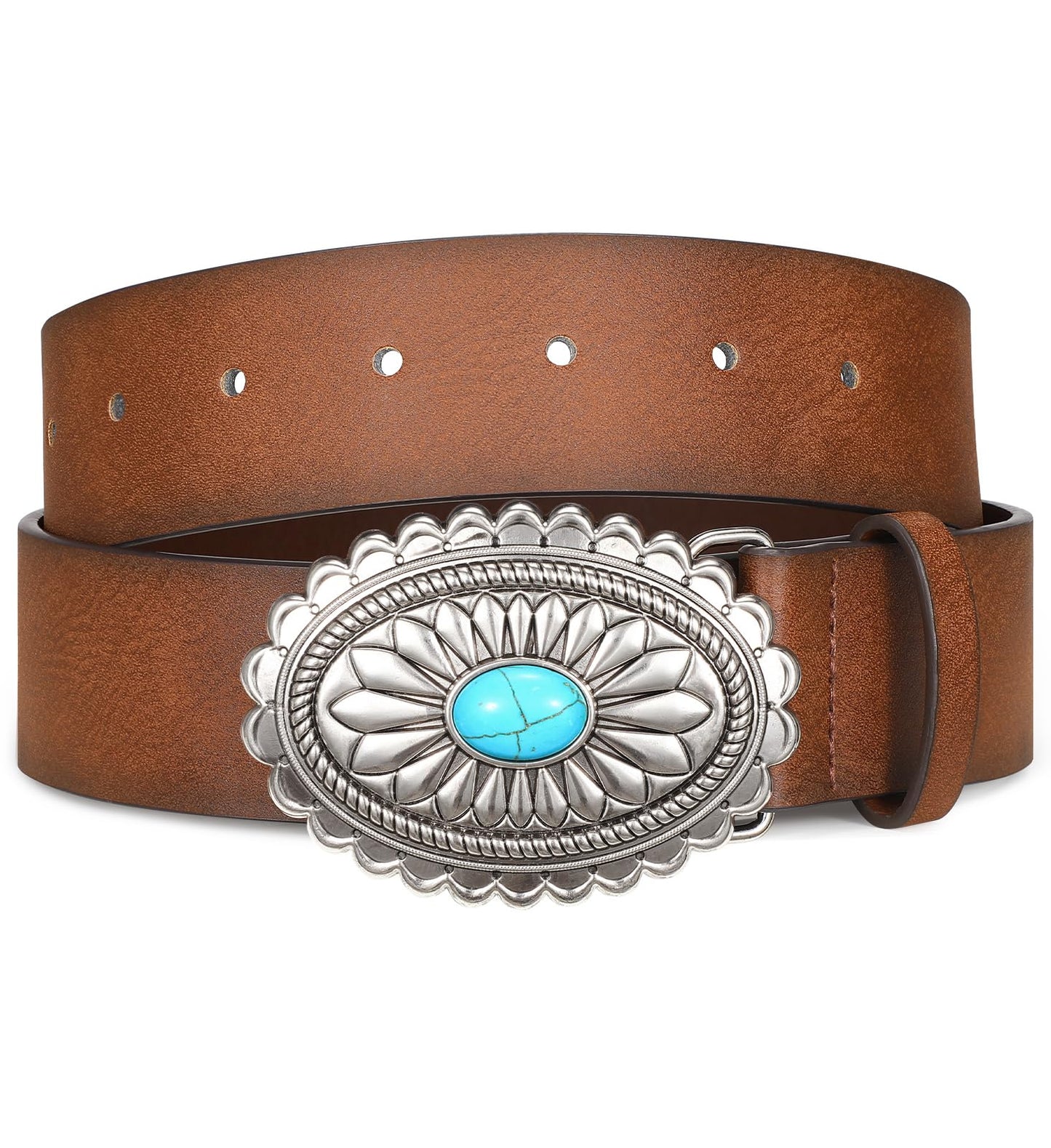 WOWOGO Women-Western-Cowgirl-Belt-Country-Concho Vintage Leather Belt with Concho Turquoise Buckle,Coffee