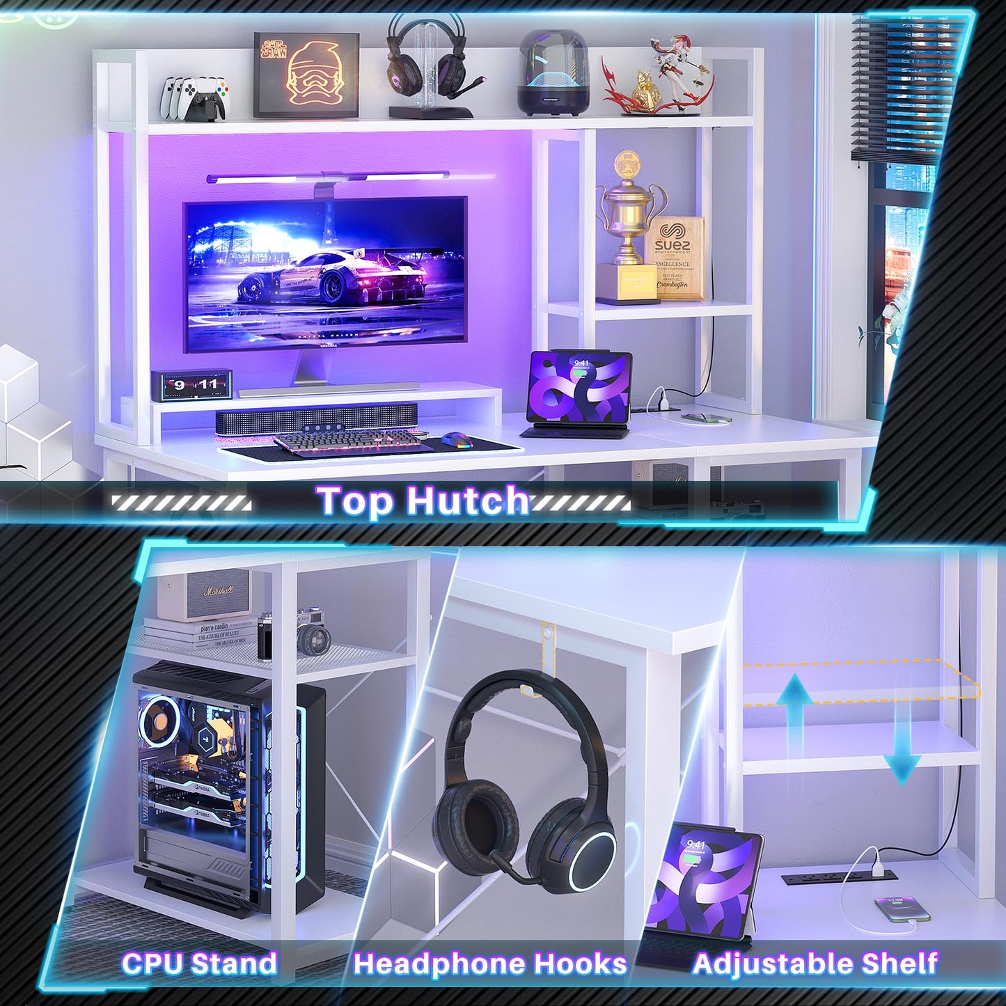 Cyclysio Gaming Desk with Hutch, 39'' Computer Desk with LED Lights & Power Outlets, Home Office Desk with Reversible 5 Tiers Storage Shelves & Monitor Stand, Small Gaming Table for Small Space, White